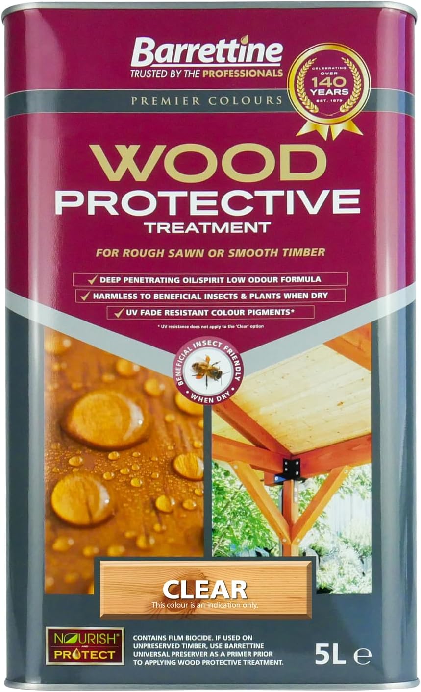 Barrettine Wood Protective Treatment (Clear, 5L) - Ideal Treatment for Outdoor Treated Timber Structures. Wood Protector Oil with Water Repellent Qualities. UV & Fade Resistant.