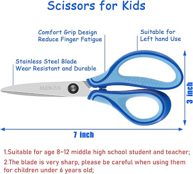 7 Real Left Handed Student Scissors for Age 8~12, Blue