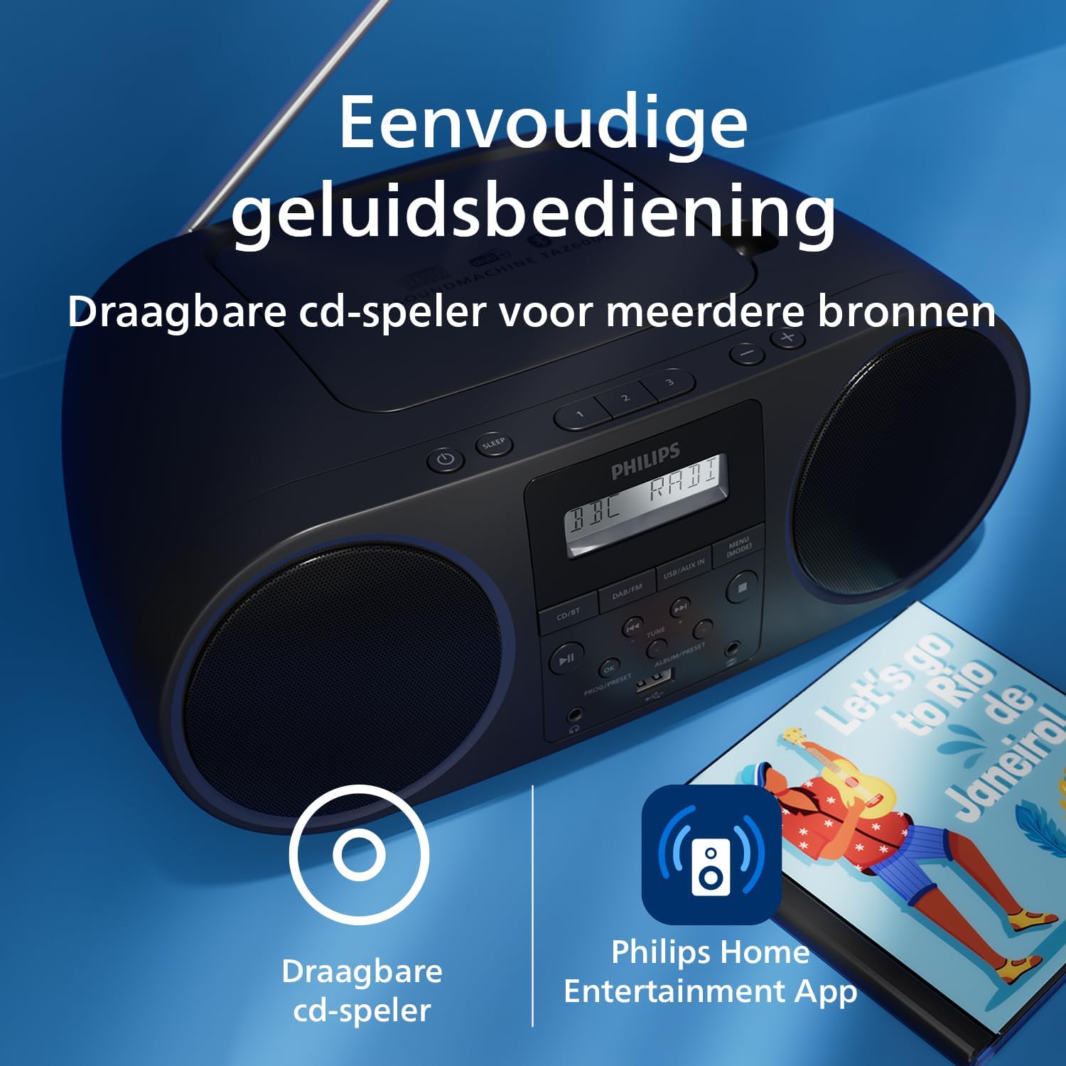 Philips TAZ6000 with icons for portable CD player and Philips Home Entertainment App