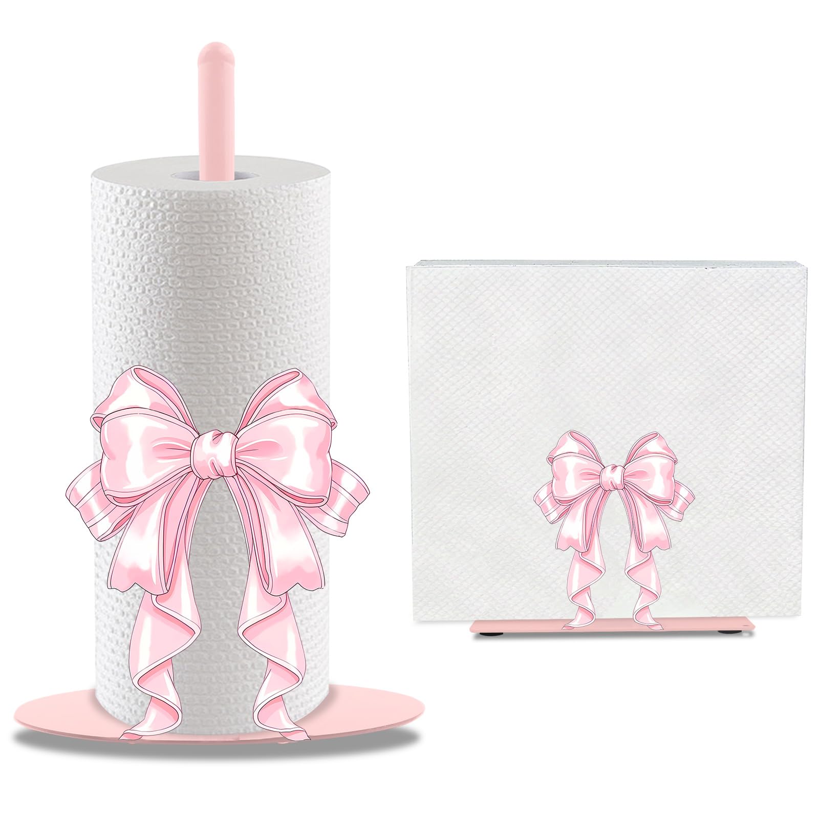 Shaeotek Pink Bow 2 Pcs Bow Paper Towel Holder, Metal Tissue Holder Stand For Kitchen Bedroom Bathroom, Party Desktop Decor, Gift For Family Friend