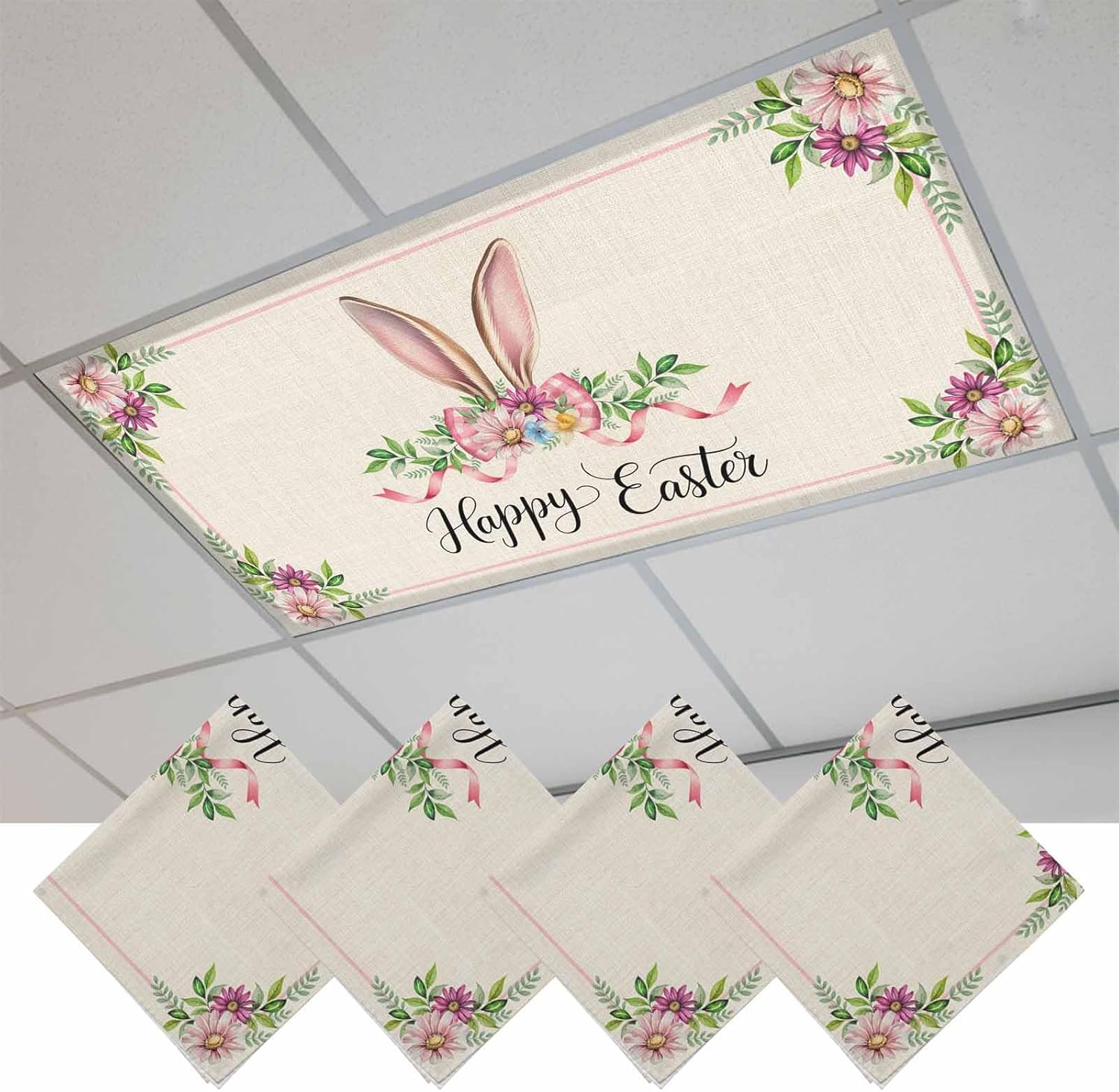 2x4 ft Fluorescent Light Cover for Ceiling Easter Rabbit Flower Leaf Magnetic Light Filters, Spring Plant Retro Linen Ceiling Lampshades for Home School Office 4Pcs