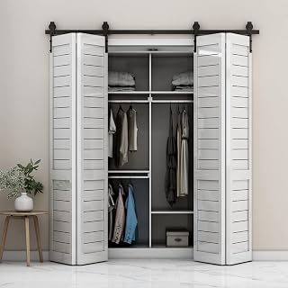 BONIKLUBA 60" Bi-Folding Sliding Barn Door Hardware Kit for 4 Doors,Smoothly&Quietly,Black Track J Shape Roller-[Doors not Included]