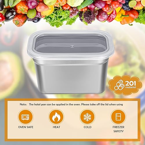 Miniatura 3 de 8 recipientes de alimentos de acero inoxidable con tapas de tamaño 1/9, sartenes de vapor de hotel de 0.039 in de grosor, sartenes de mesa de