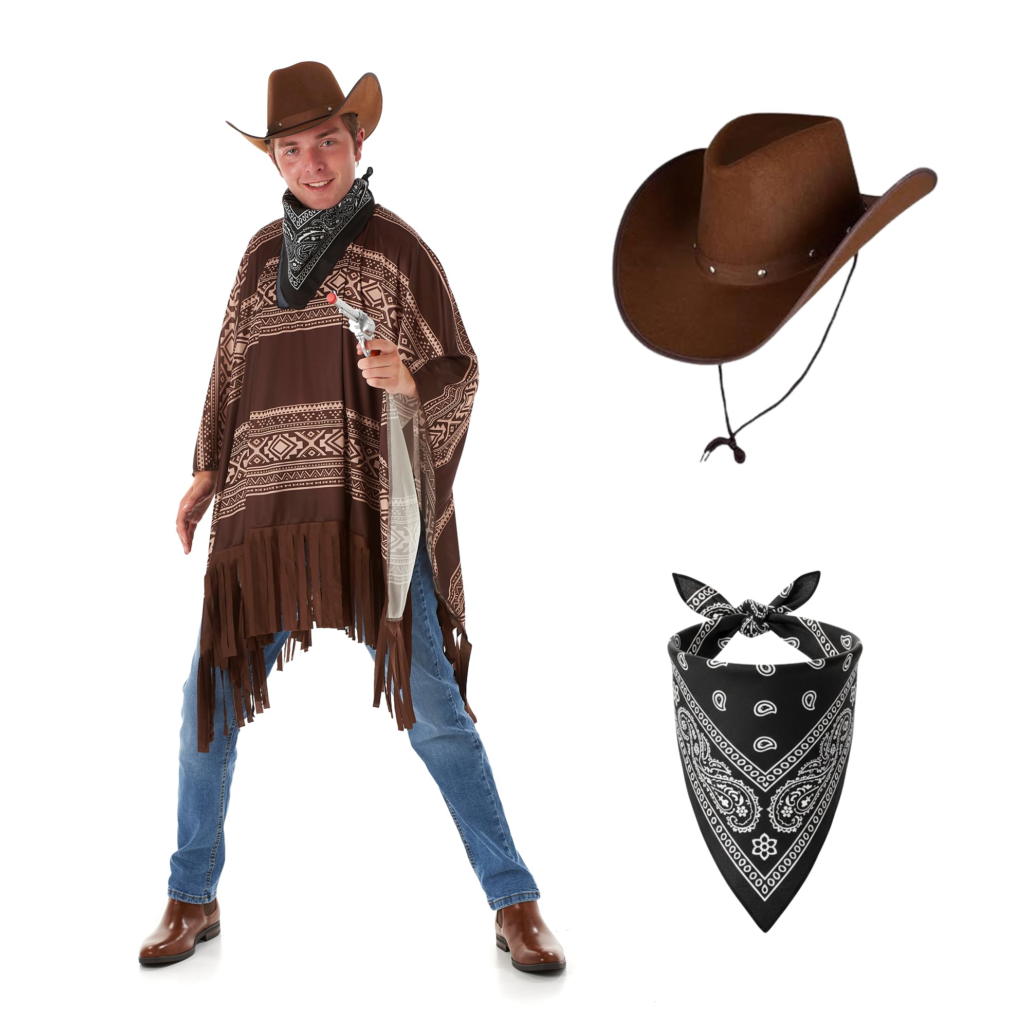 My Illusions Mens Cowboy Poncho + Hat + Black Bandana Western Costume Fancy Dress Adults Halloween Stag Do Outfit