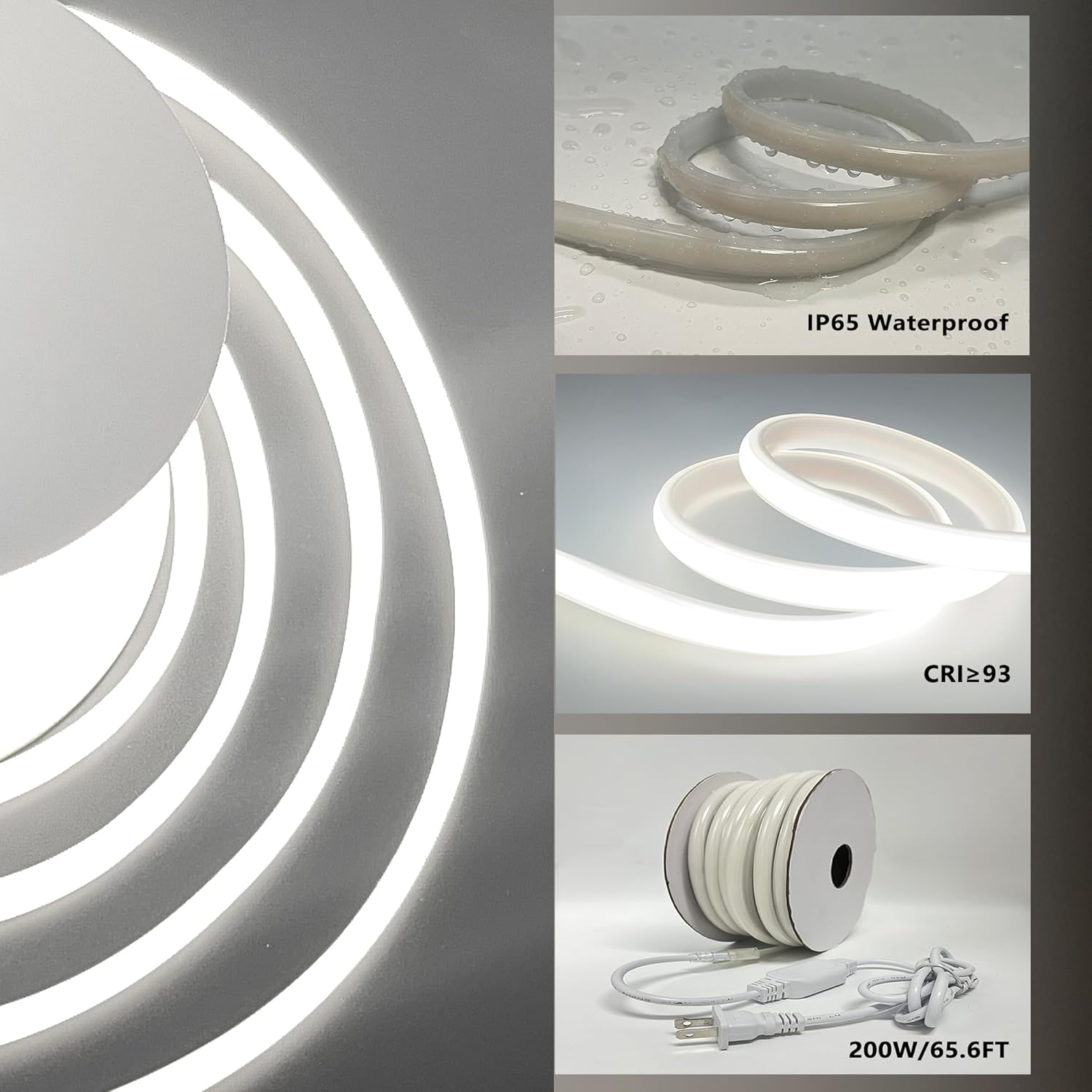 P AC 110V COB LED Strip 65.6ft Cool White 6500K CRI93 Outdoor Waterproof IP65 Ultra Bright LED Strip 288LEDs/M Suitable for Home and Garden Commercial Decoration (Cool White)