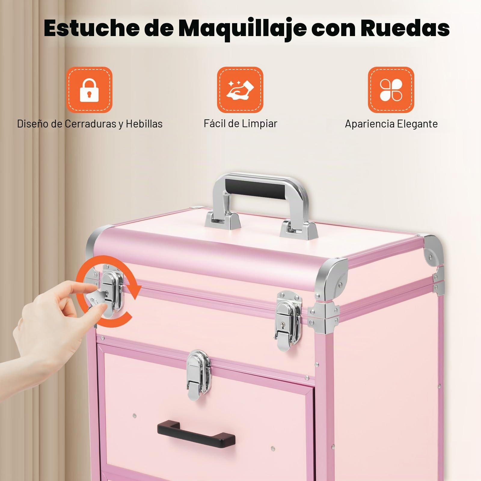 Maletín de cosméticos con carro, grande maletín de maquillaje de 3 capas con 2 cajones, maletín rodante de maquillaje, neceser portátil con 4 ruedas, maletín de belleza para equipaje de mano