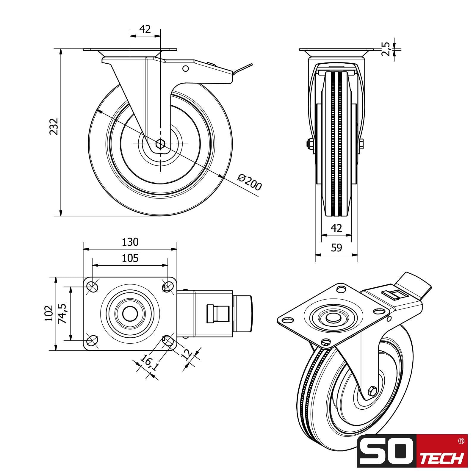 4er SET SOTECH Transportrollen RED Ø 200 mm Traglast bis 440 Kg | (2x Bockrollen, 2x Lenkrollen mit Bremse) Höhe 232 mm, Anschraubplatte 130 x 102 mm Transportlenkrolle