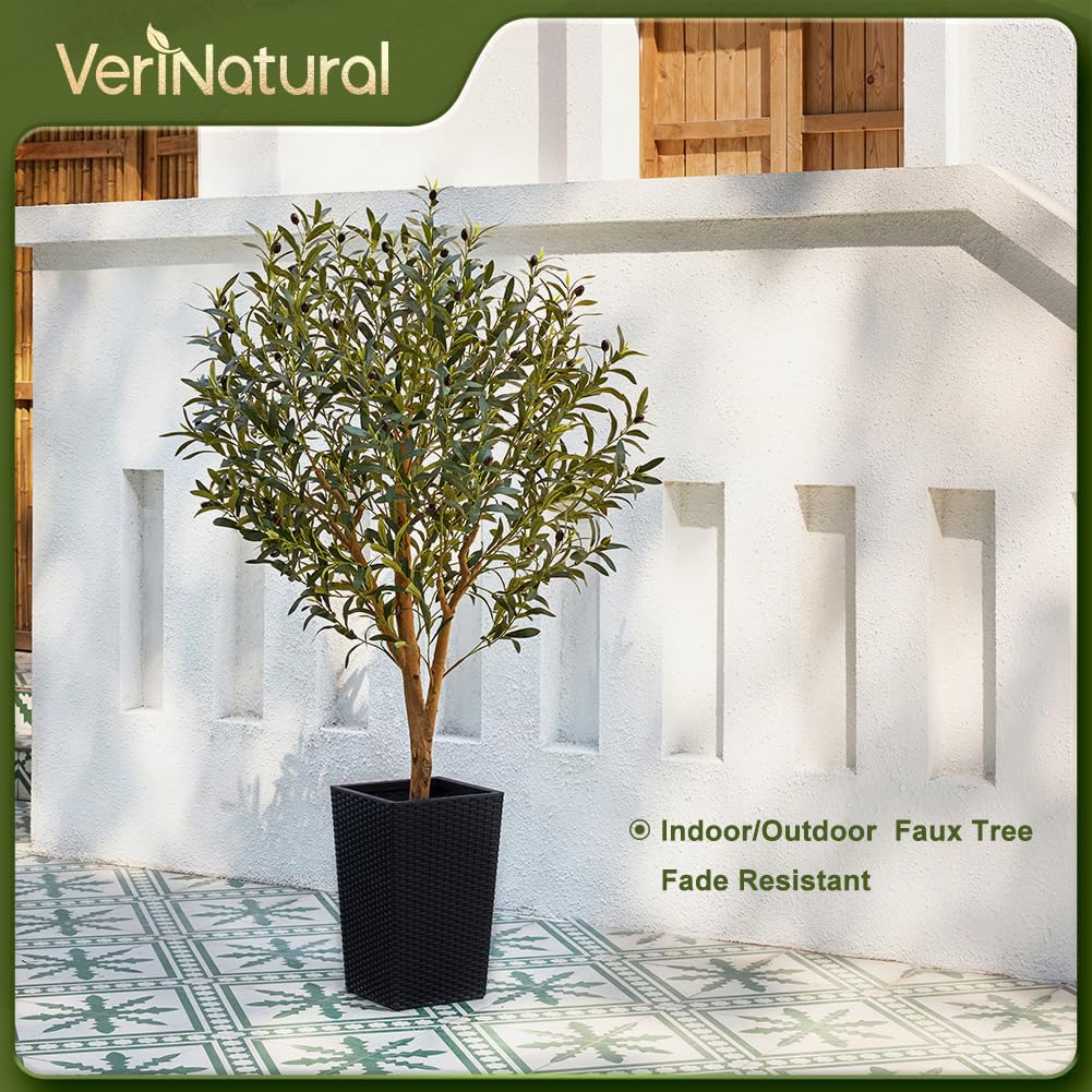 VeriNatural Künstlicher Olivenbaum 150cm - Fake Plastik Pflanzen Groß mit Schwarzer Kegelförmigem Topf - UV-beständige Kunstpflanzen wie echt für Wohnzimmer, Büro & Balkon Deko,VN133