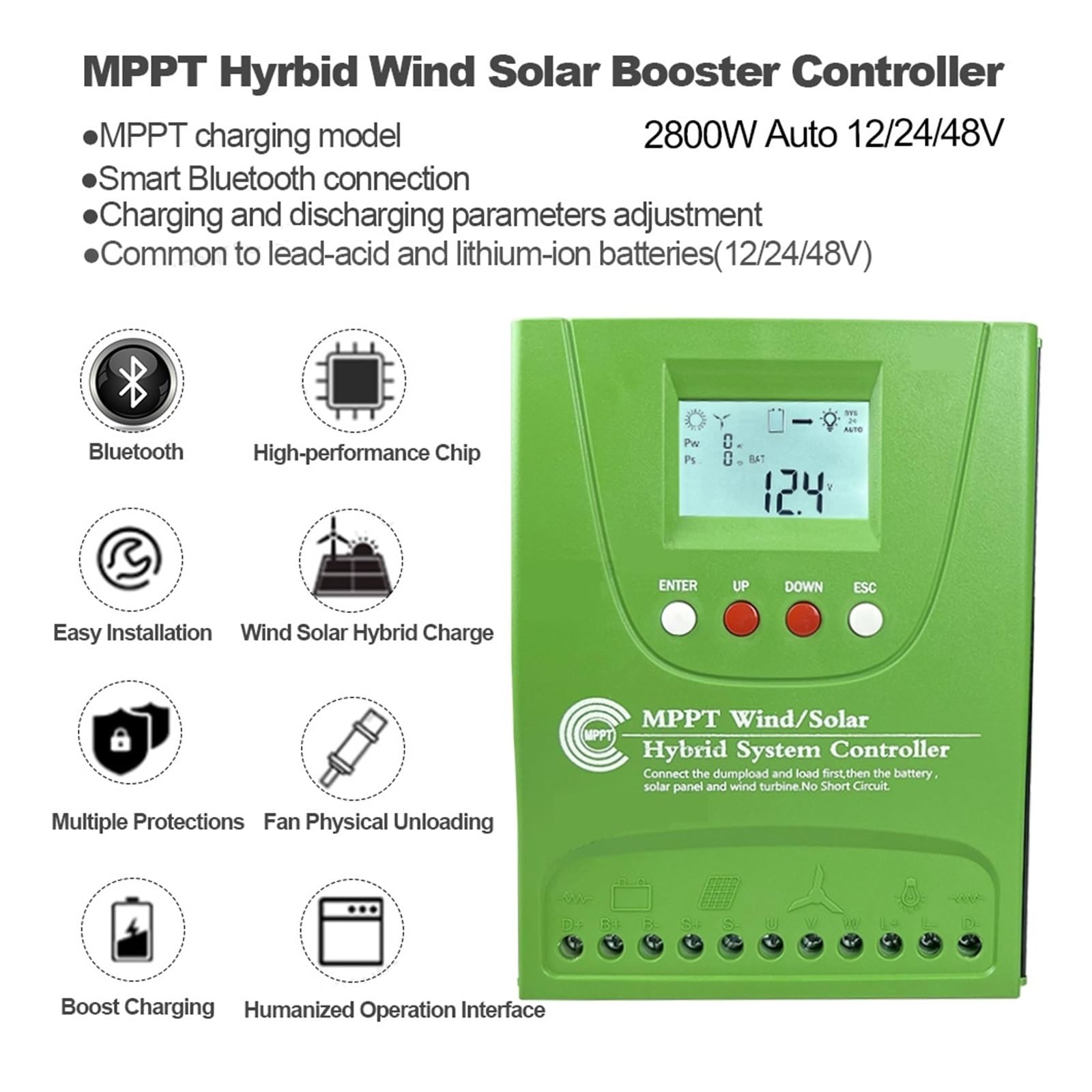 1000W 2000W 2800W MPPT Hybrydowy Wiatrowy Wzmacniacz Ładowania Słonecznego Kontroler WIFI Dla 12V 24V 48V Lifepo4 Akumulator Litowo-ołowiowy(With Bluetooth,12V 24V,1KW)