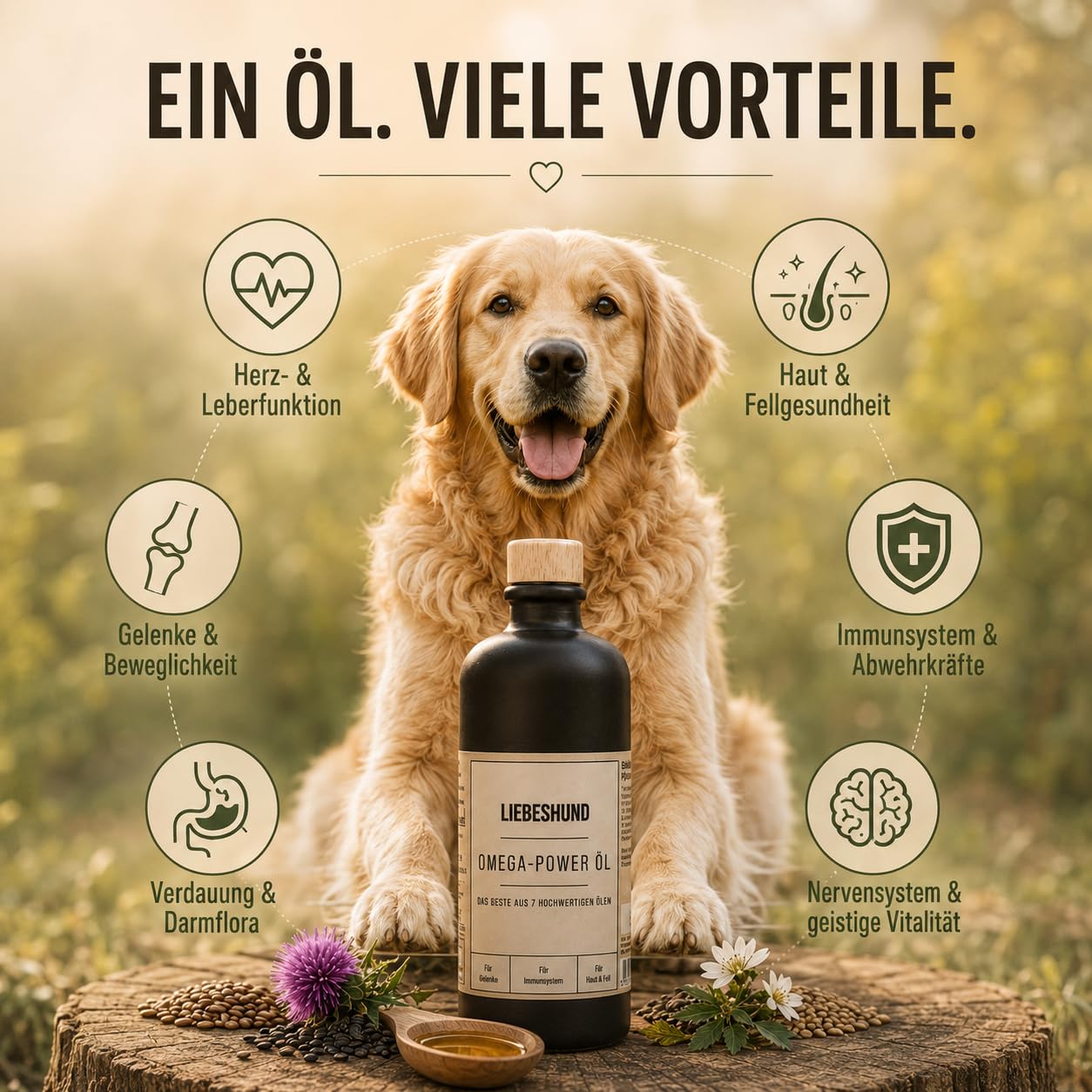 LIEBESHUND Omega-Power Hundeöl 500ml – Premium Barf Öl mit 7 Ölen für Hunde – Lachsöl, Leinöl, Hanföl, Schwarzkümmelöl – Omega 3-6-9 für Haut, Fell, Gelenke & Immunsystem - In Steinzeugflasche