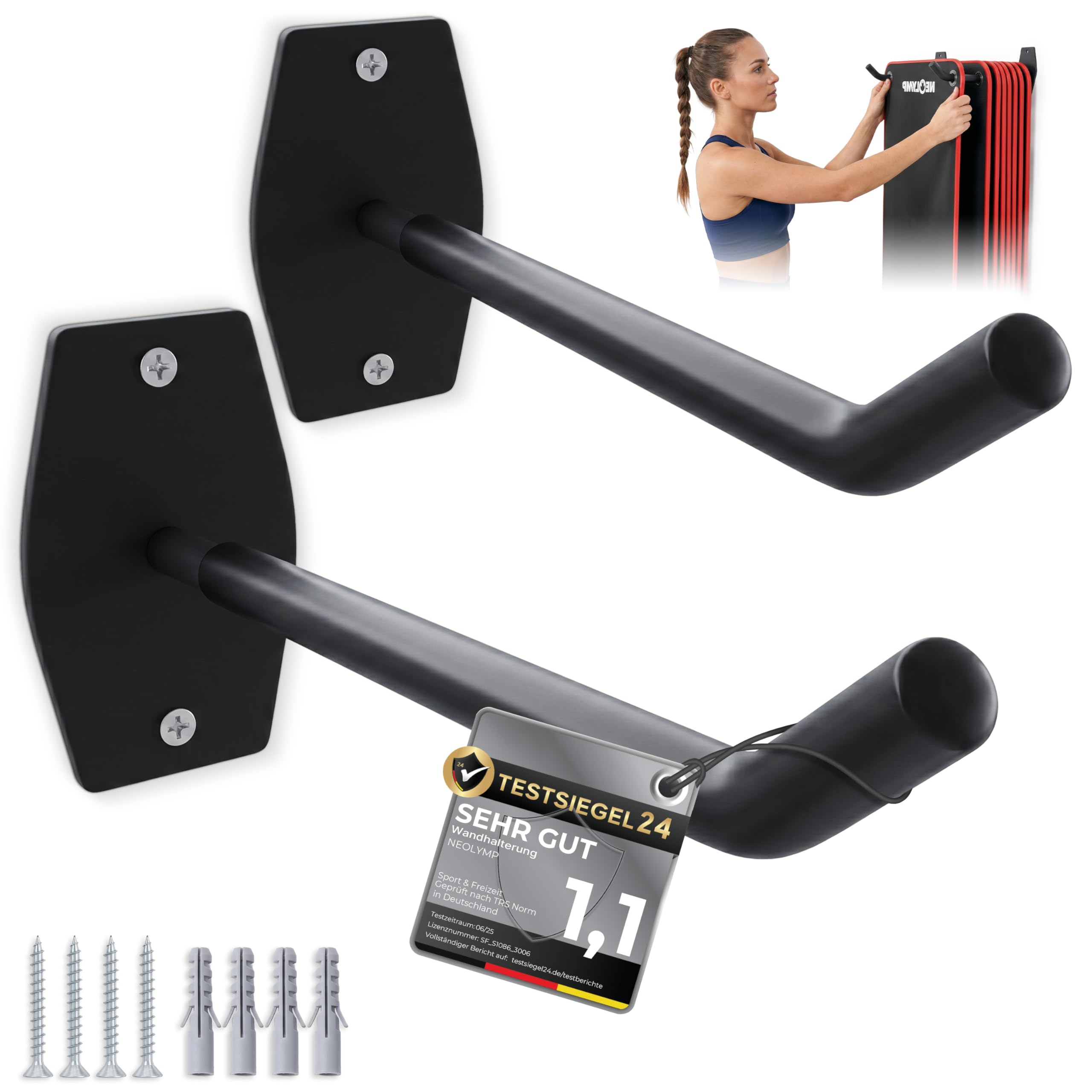 NEOLYMP Wandhalterung für Fitnessmatten mit Ösen 2er Set - Platzsparende Mattenaufhängung - gehärteter Stahl, gummiert inkl. Fischer Dübel - Halterung für Yogamatte, Gymnastikmatte, Sportmatte