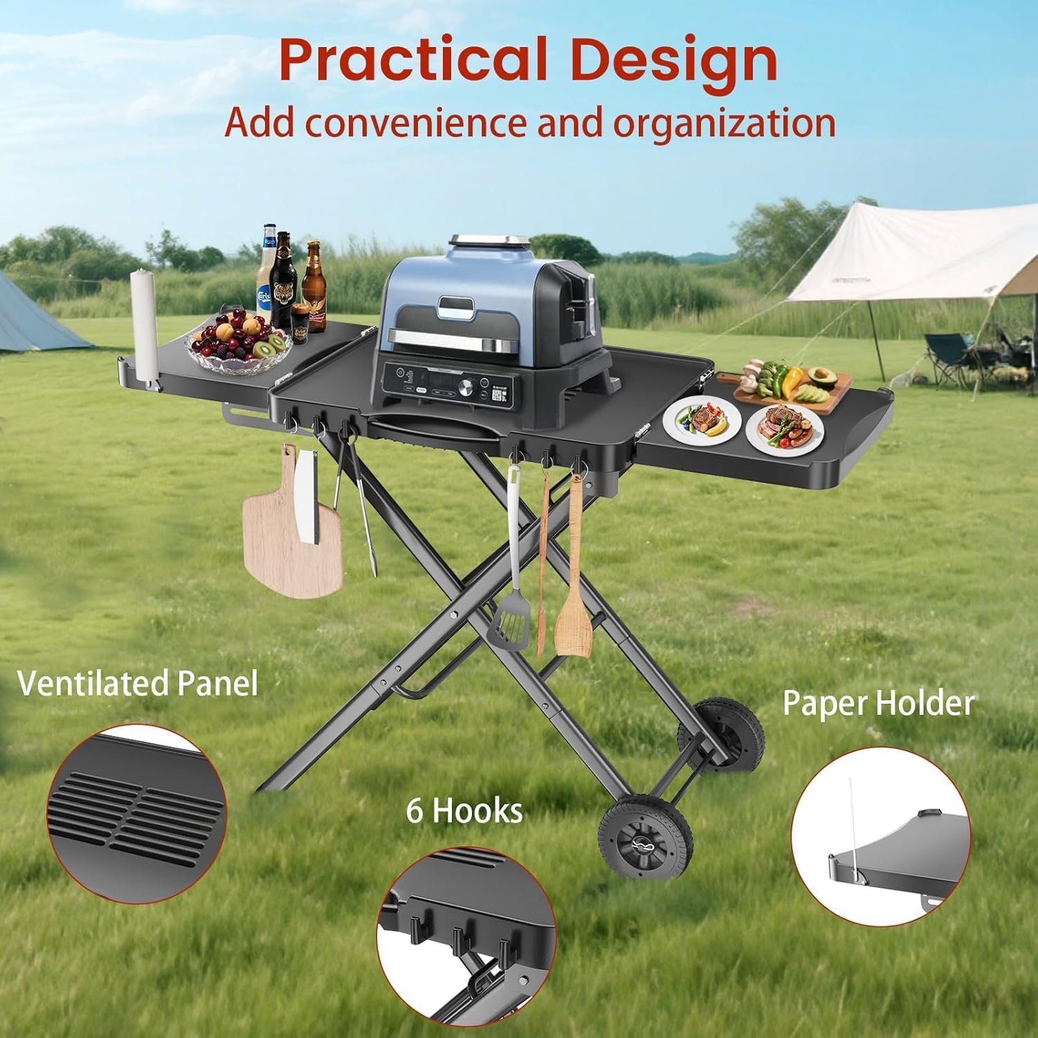 Hisencn Portable Grill Table Stand for Ninja Woodfire Outdoor Grill OG701 OG901 OG850 OG951, Pizza Oven Table Stand for Onni 12, Folding Camping Grill Table Cart for Blackstone 17"/22", with 2 Wheels