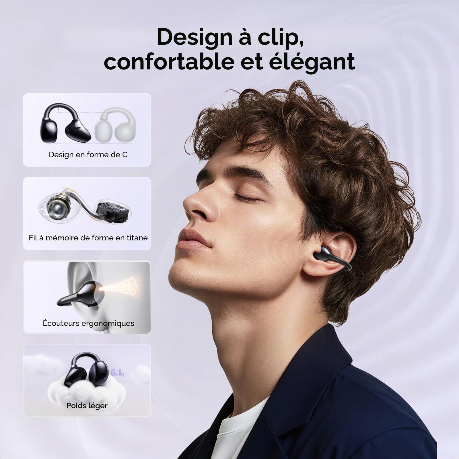 UGREEN Écouteurs Bluetooth sans Fil Sport ClipBuds Pro Hi Res ANC Hybride Adaptative Oreillette Ouverte BT 6.0 ENC Antibruit Audio Spatial Multipoint Connexion 32H Autonomie USB C Charge IPX5 Noir