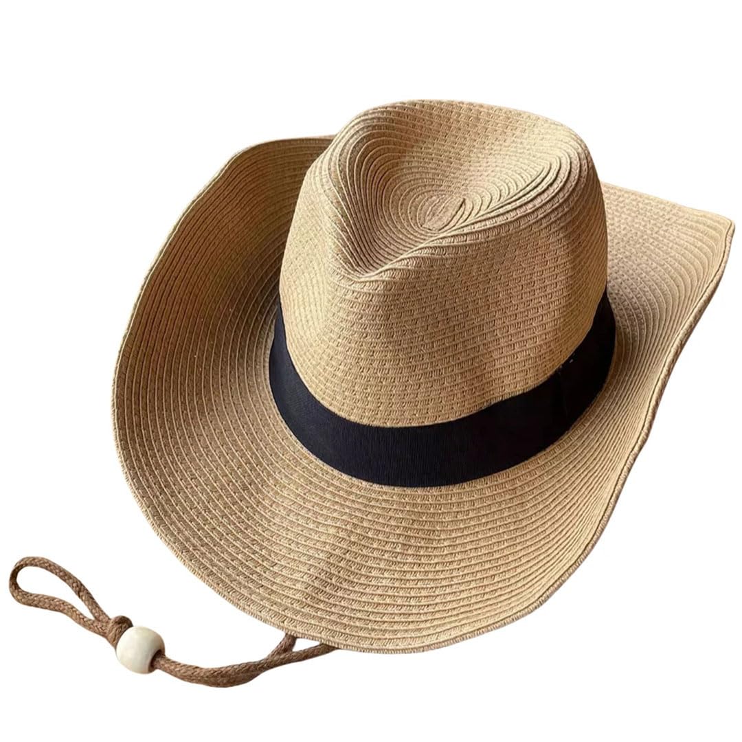 Cappello da donna in paglia occidentale da cowboy pieghevole a tesa larga cappello da sole oversize Fedora Panama, cachi, 7.625