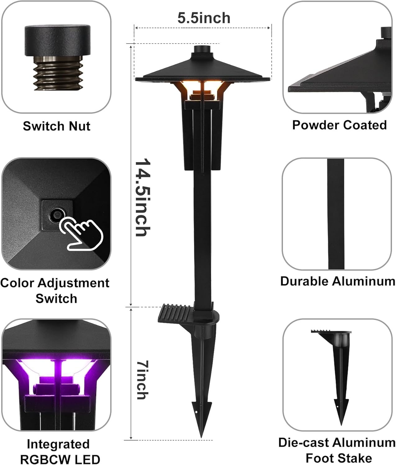 RGB Pathway Lights Low Voltage, 5W 12V Waterproof Wired LED RGB Color Changing Low Voltage Landscape Lighting for Outdoor Pathway Path Walkway Garden of Christmas, Heavy Duty, Black, 4PK