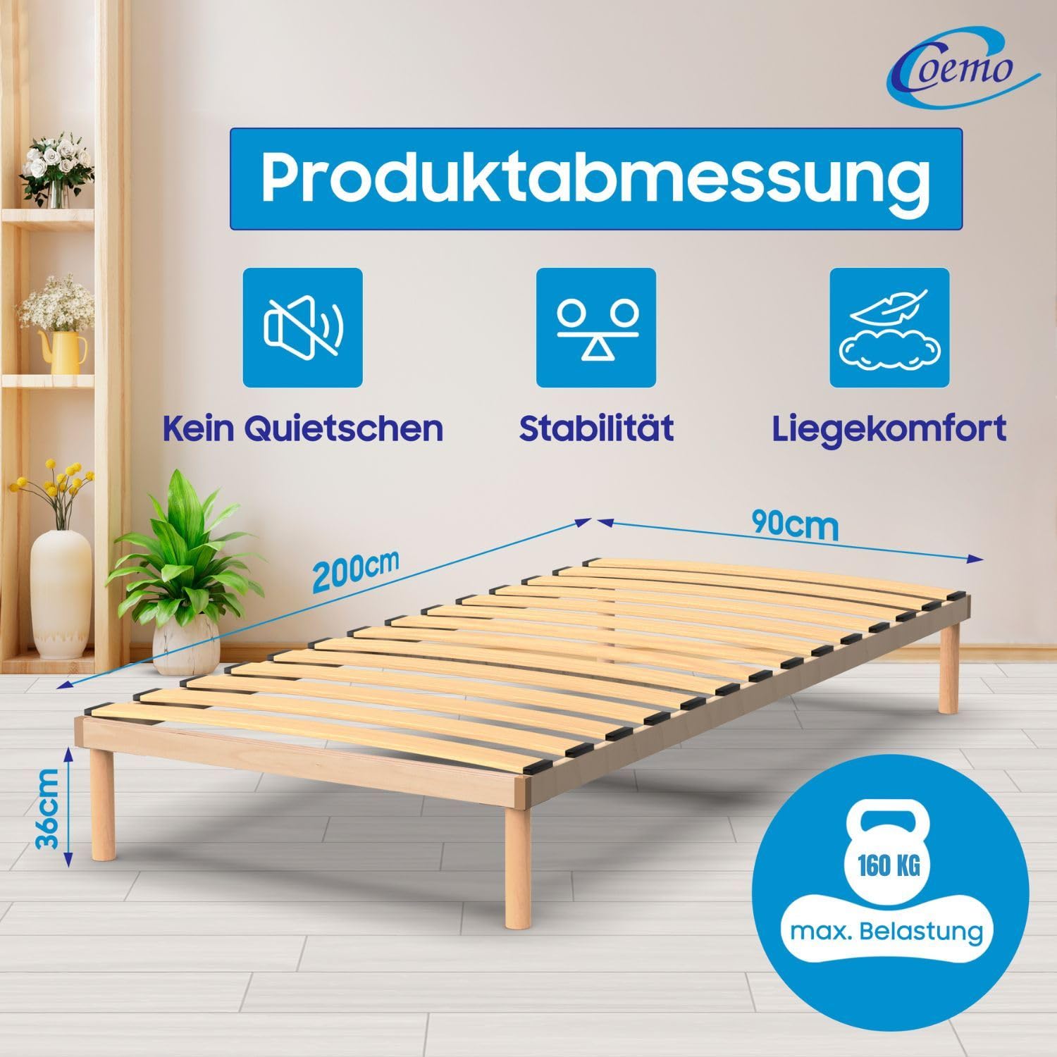 Coemo Pyxis Bettgestell 90x200 mit integriertem Lattenrost - Elegantes Design, Massivholz Buche, Platzsparend, Hohe Belastbarkeit, Einfache Montage
