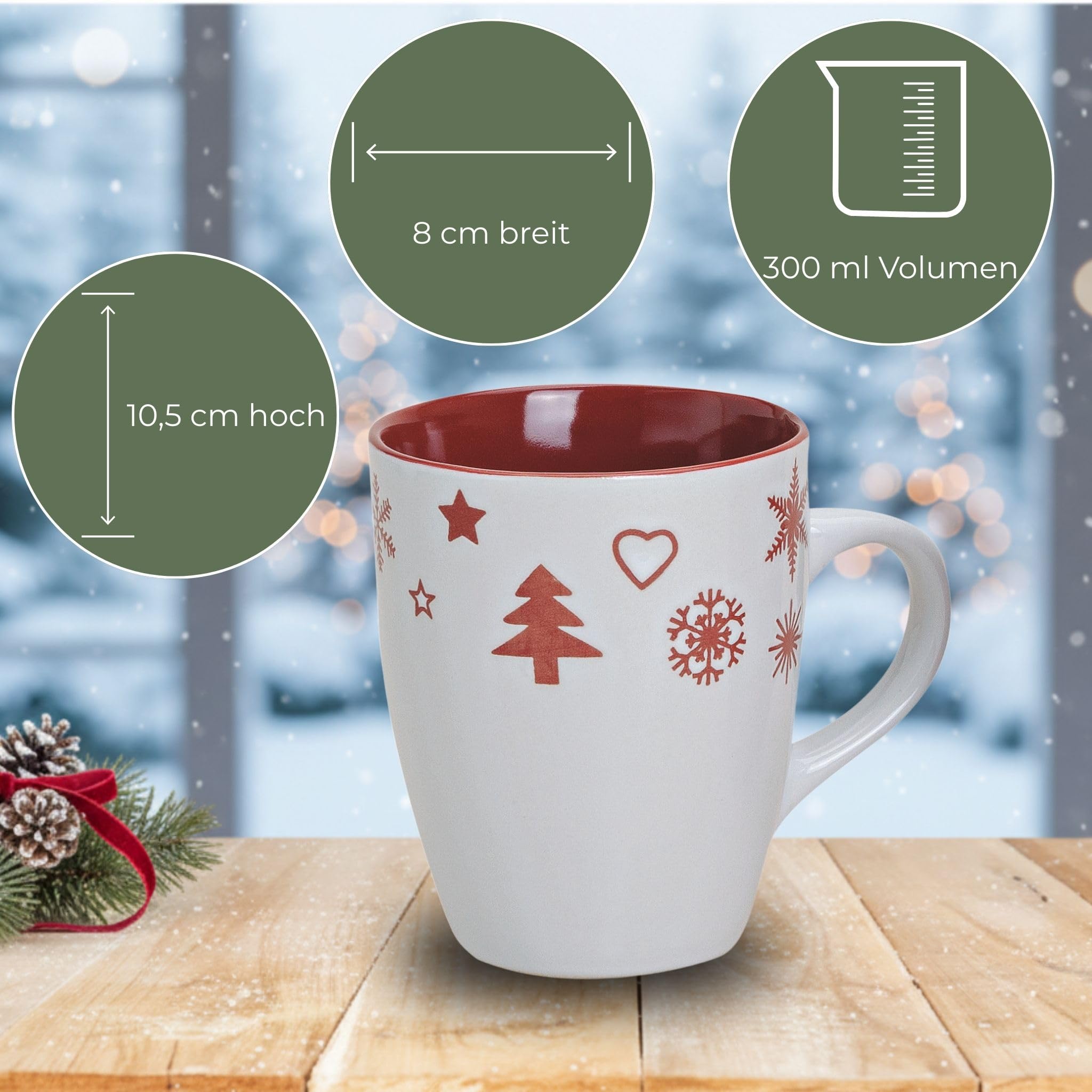Schöne Weihnachtstassen im 36 Stk. Karton - Große 300 ml Weihnachtsmotiv Kaffee-Tassen in rot, weiß