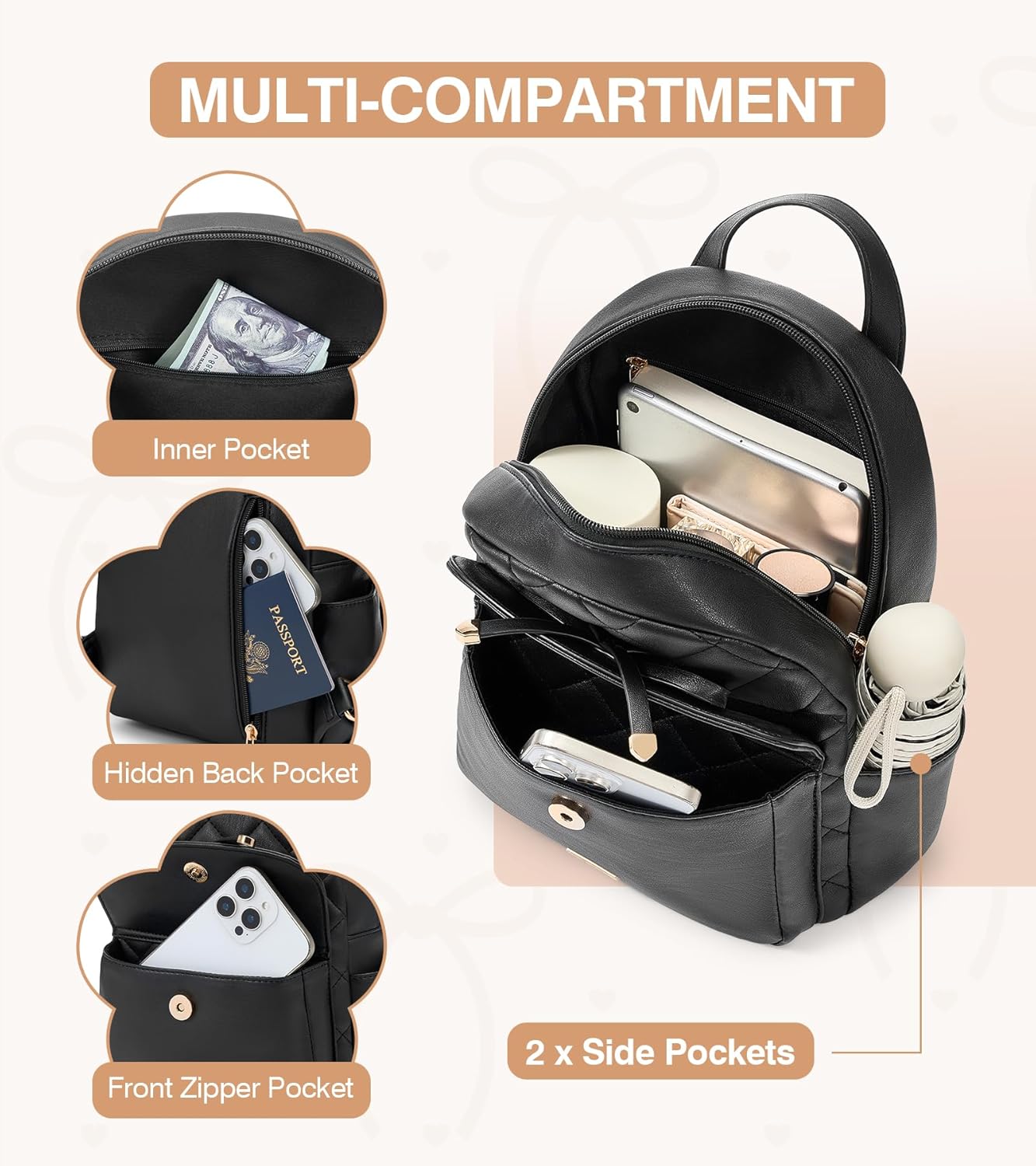 Marvolia Mini Backpack for Women and Girls - Leather Backpack with Cute Bowknot Quilted Small Backpacks for Shopping Travel School - Black - Image 4