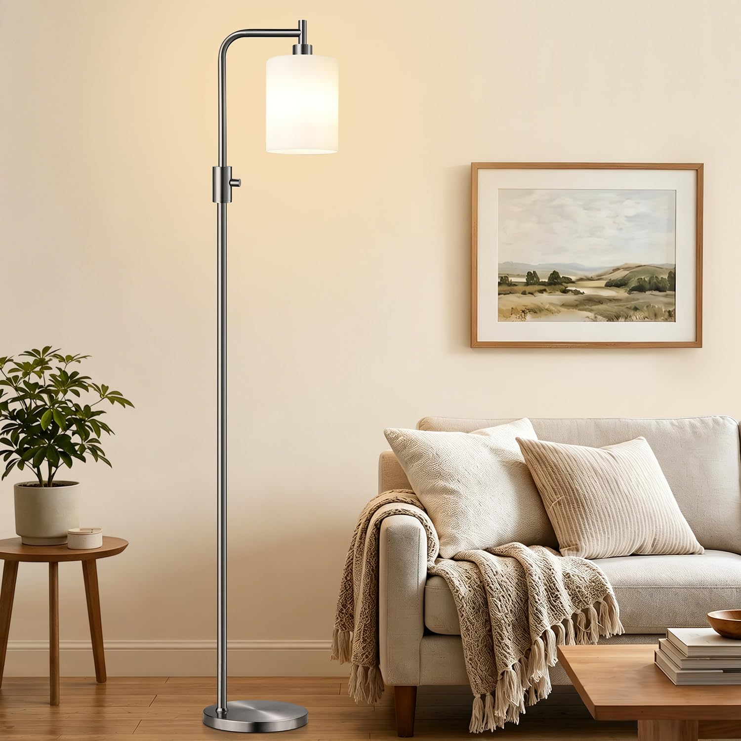 View 1 of ?Upgraded? Dimmable Floor Lamp for Living Room with Opal Glass Lampshade, Brushed Nickel Modern Floor Lamp with 900LM LED Bulb Included, Standing Tall Lamp for Bedroom, Office, Reading Room, Corner