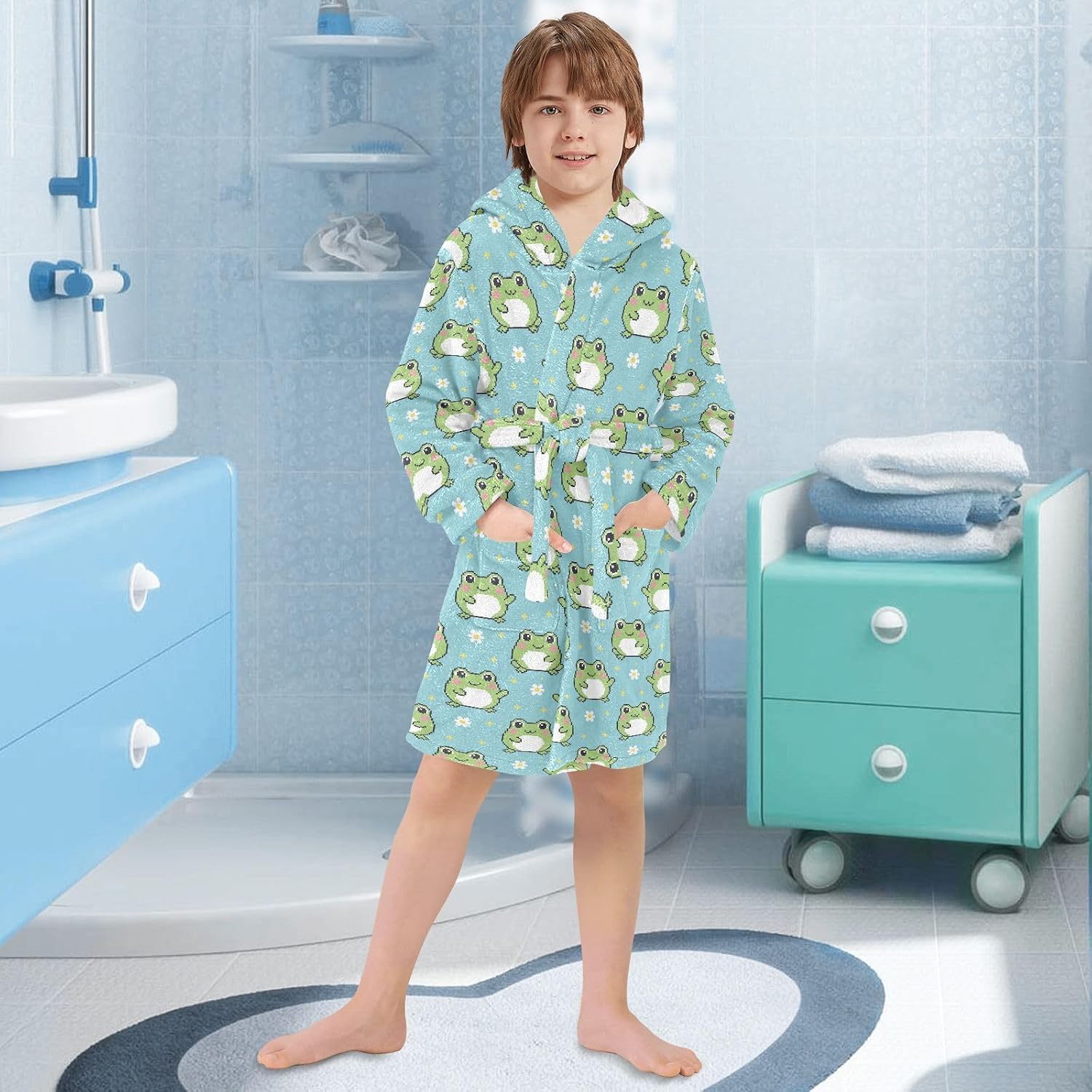 senya Cartoon Star Frog Toddler Hooded Bathrobe Kids Soft Plush Bath Towel Robes for Boys Girls 2-12 Years