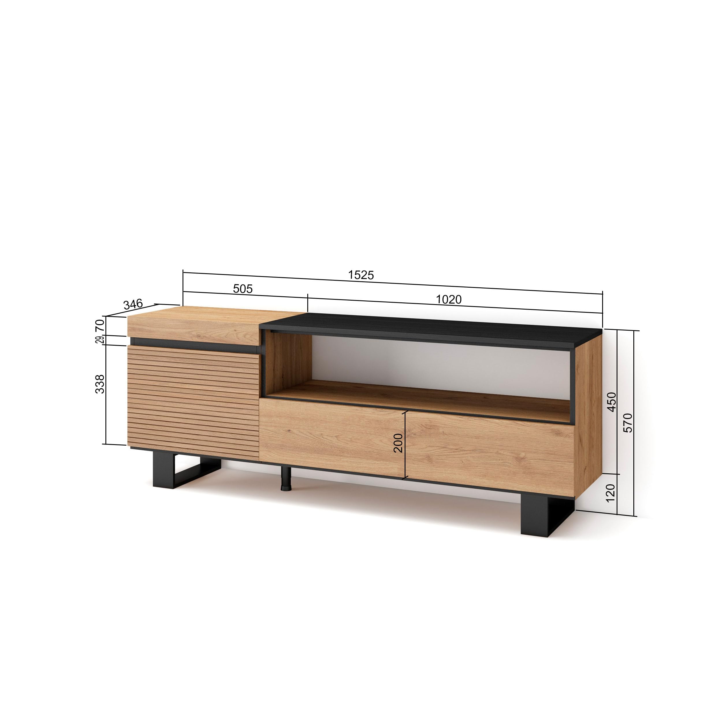 Skraut Home | Mueble TV | Televisión | Muebles de salón, almacenaje | 150x57x35cm | para TV hasta 65" | Diseño Industrial | Estilo Moderno | Roble