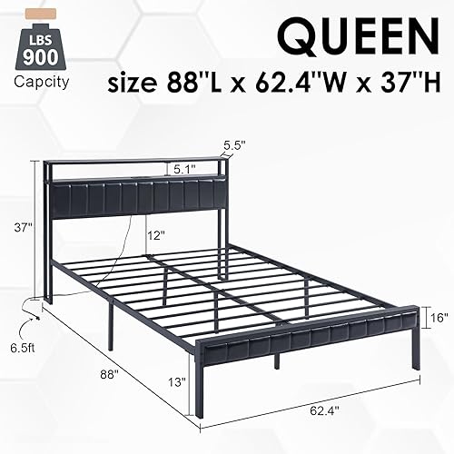 Miniatura 2 de AMERLIFE Base de cama de plataforma tamaño Queen, marco de cama LED con piel sintética y estación de carga, cabecera de almacenamiento de 2 niveles,