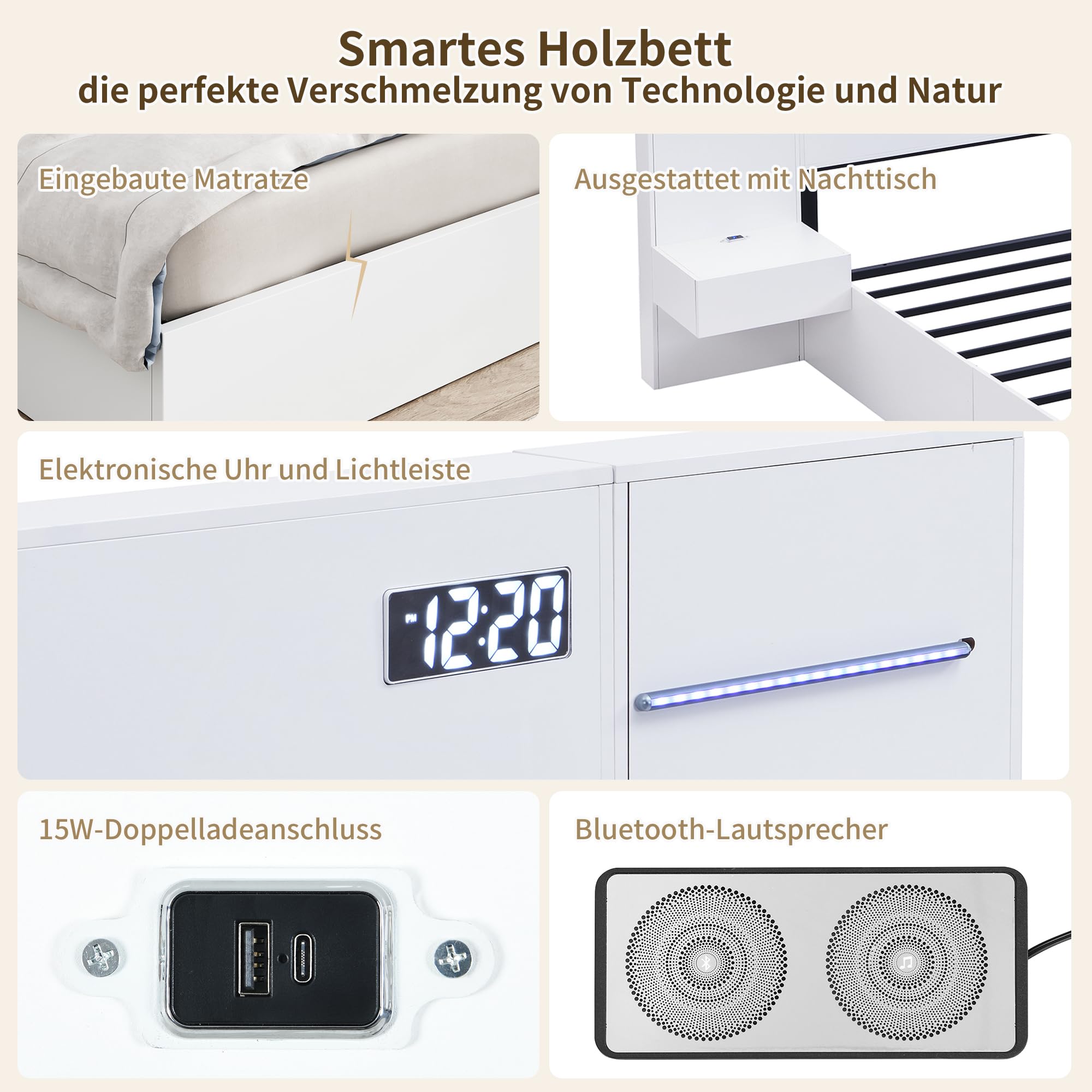 Mrwoo Polsterbett 180x200cm, Holzbett mit USB und Anschluss, Doppelbett mit Bluetooth- Lautsprecher und Farblichtleiste, Weiß (Ohne Matratze)