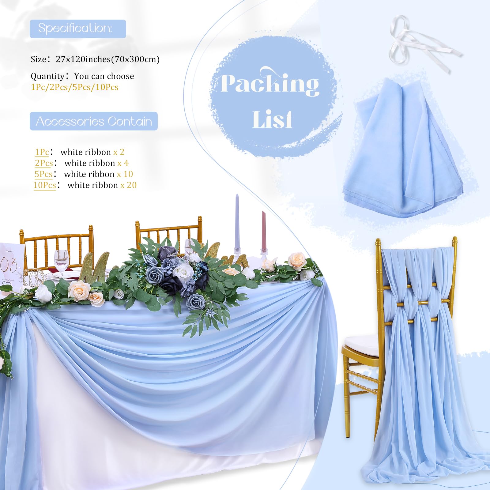 Chiffon-Tischläufer, 3 m, Blau, durchscheinend, rustikal, Hochzeits-Tischläufer, elegante Brautparty-Dekorationen, 68 x 305 cm, 10 Stück