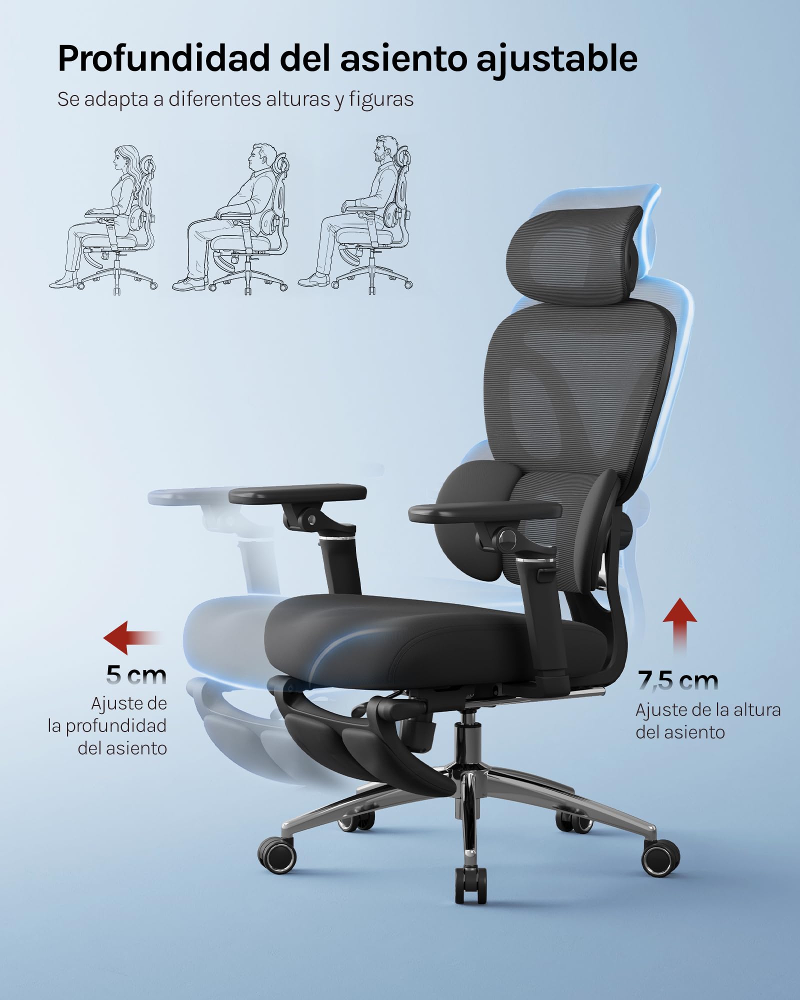 WOLTU Silla de Oficina Ergonómica, Silla Escritorio de Trabajo, Negro | Respaldo Inclinable y Reposapiés, Soporte Lumbar, Reposacabezas 3D, Reposabrazos 6D, en Estudio u Oficina