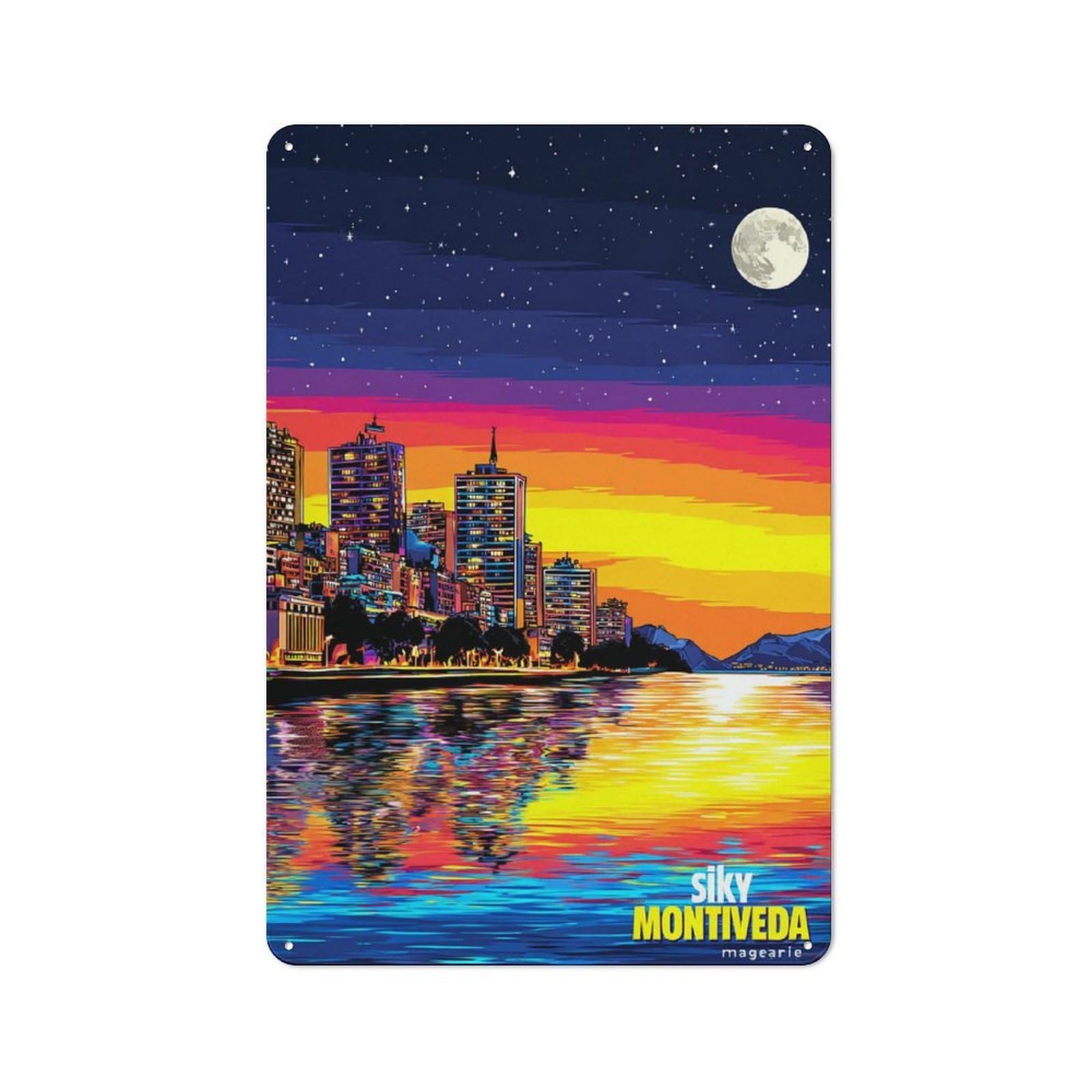 Junmoney City Lights Reflecting On Water Under Moonlit Nostalgic Decorative Tin Sign 30X20cm Featuring Sky, Old Style Wall Plaque For Kitchen, Hallway, Bar Or Small Cafe