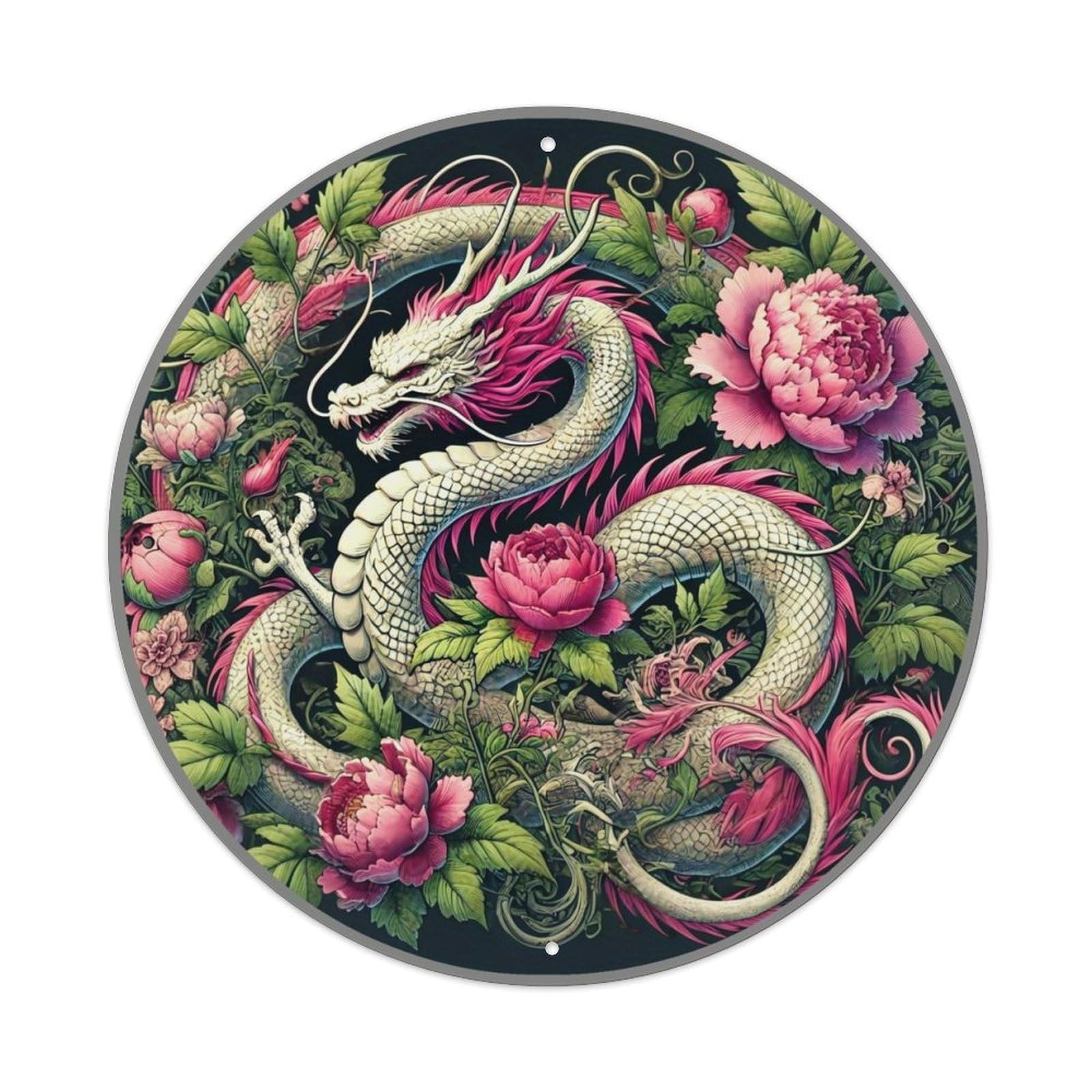 Dragon And Peony Floral Pattern Vintage Metal Tin Sign Retro Wall Decor for Home Bar Garage Cafe, Indoor & Outdoor Decorative，circle Metal Poster, 8x8 Inch