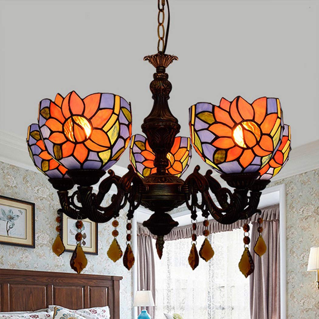 Barokowy Żyrandol W Stylu Tiffany'ego Okrągła Lampa Wisząca Witraż Dekoracyjna Lampa Sufitowa/jadalnia Balkon Korytarz Balkon Lampa Wisząca, 5 Świateł