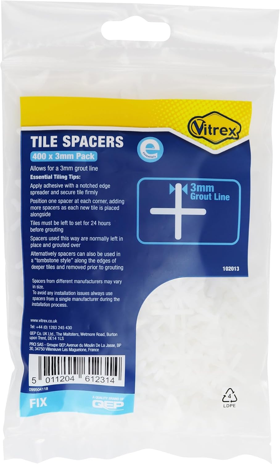 Vitrex VIT102013 102013 Essential Tile Spacers 3mm Pack of 400, White