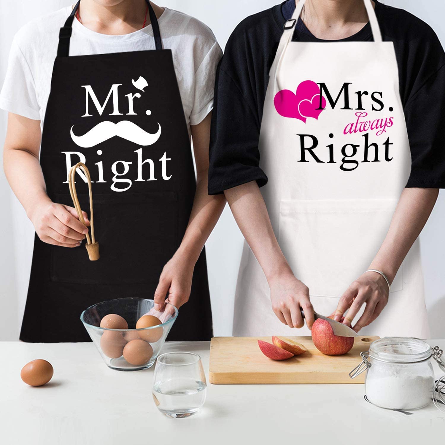 U-HOOME Kitchen Cooking Aprons for Couples Mr Right Mrs Always Right Funny Cooking Apron Engagement Gifts