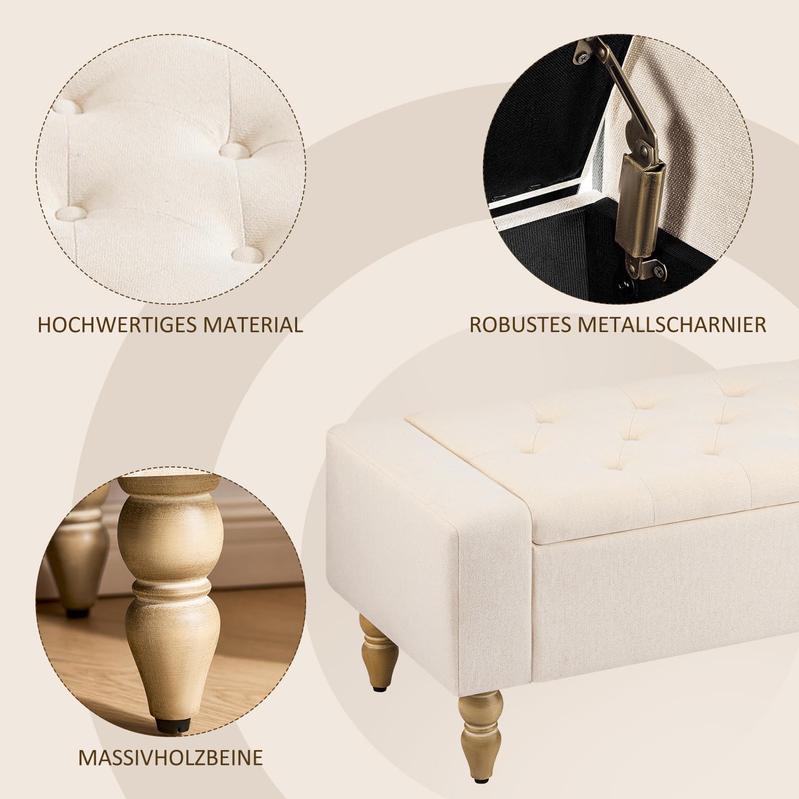 Banco de Almacenamiento con Asiento Acolchado – Banco Caja Multiusos para Entrada, Salón o Dormitorio | Pouf con Caja de Gran Capacidad, Tapizado Resistente y Fácil Montaje | Diseño Moderno Beige