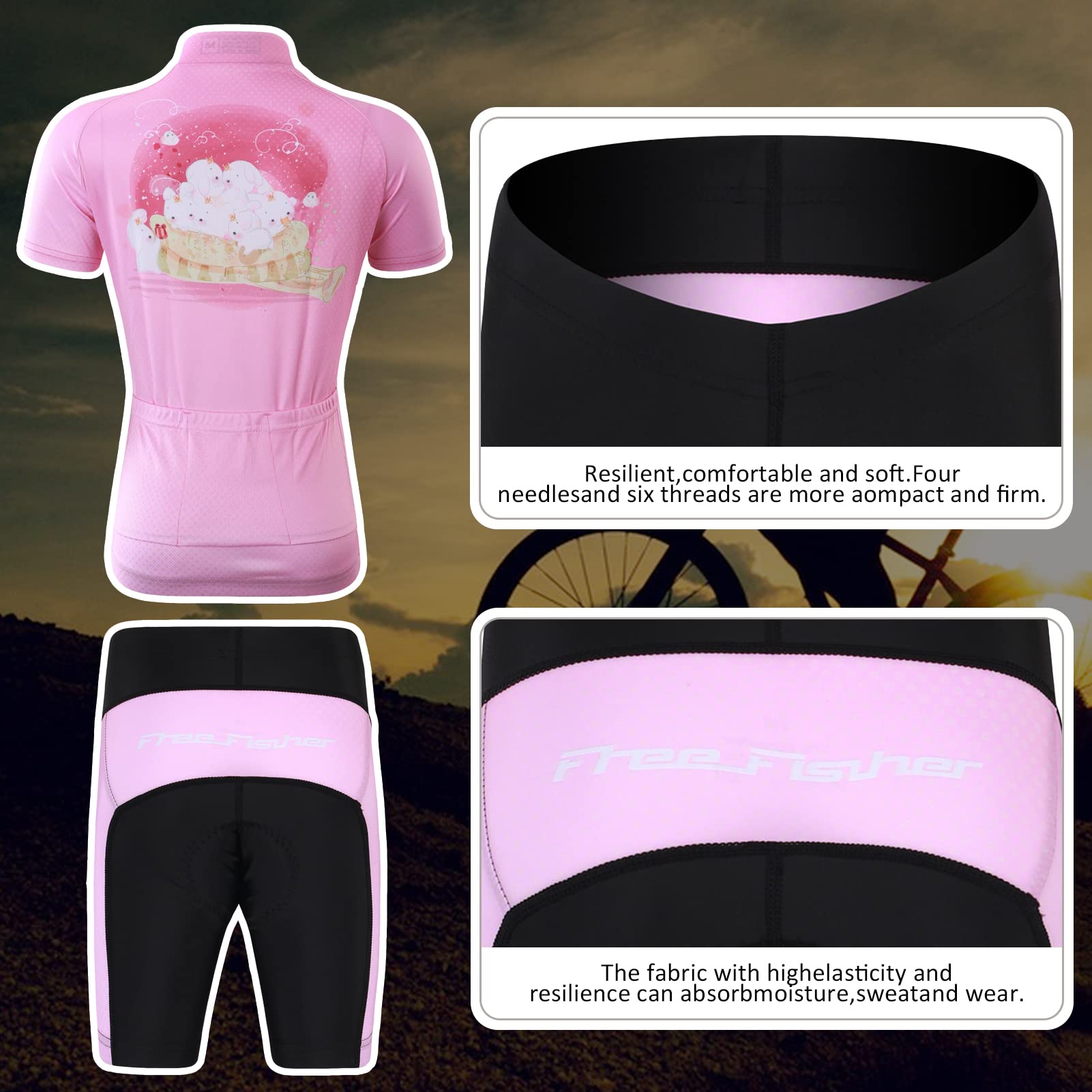 Kinder Radtrikot Set Jungen Radsport Bekleidung Mädchen Fahrrad Trikot Kurzarm & Kurz Radhose mit Sitzpolster