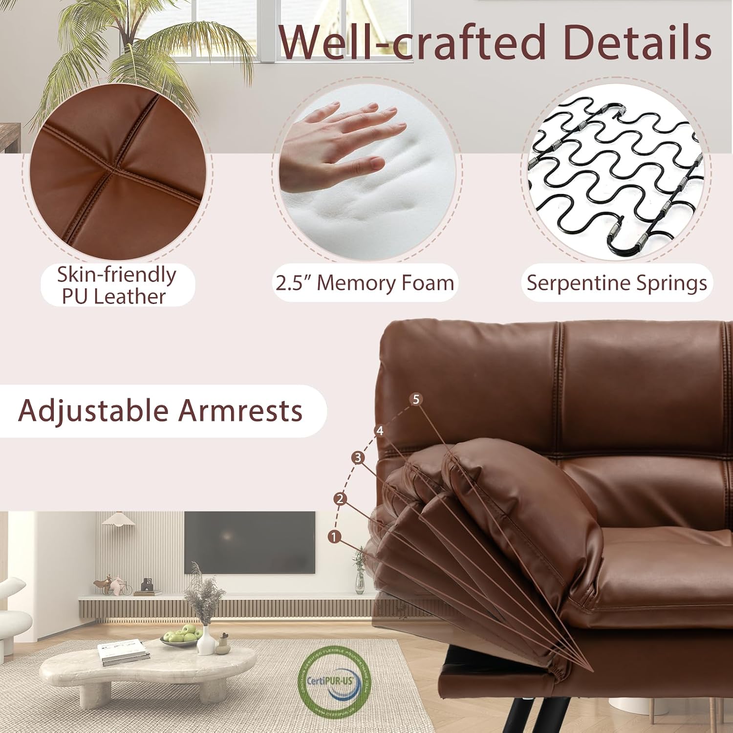 KOMFOTT Futon Sofa Bed, Faux Leather Memory Foam Convertible Futon Couch with Adjustable Backrest & Armrests, Metal Legs, Modern Loveseat Sleeper Bed Split-Back Sofa for Small Apartment & Office