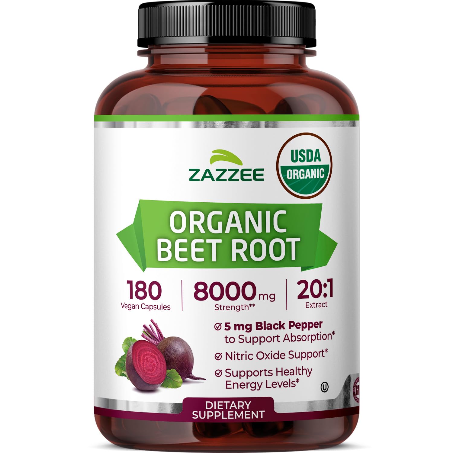 Zazzee USDA Organic Beet Root 20:1 Extract, 180 Quick Release Capsules 180 Count (Pack of 1)