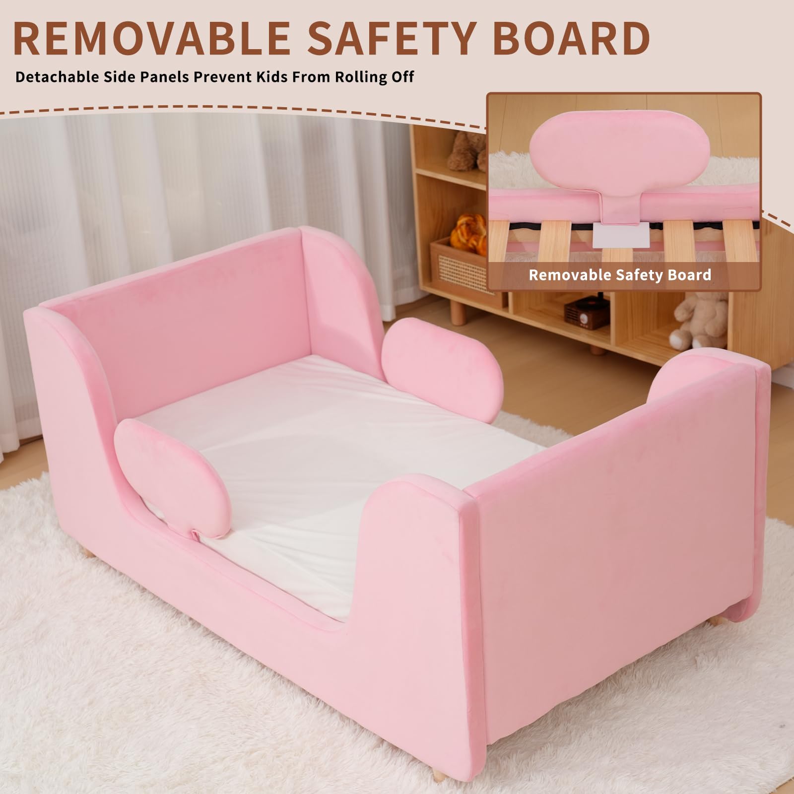 Toddler Bed, Whole Soft Padded Kids Beds with Extra Safety Guardrail, Low Frame Bed for Toddlers Girls Boys Children, 140x70cm (Mattress NOT Included) — view 5
