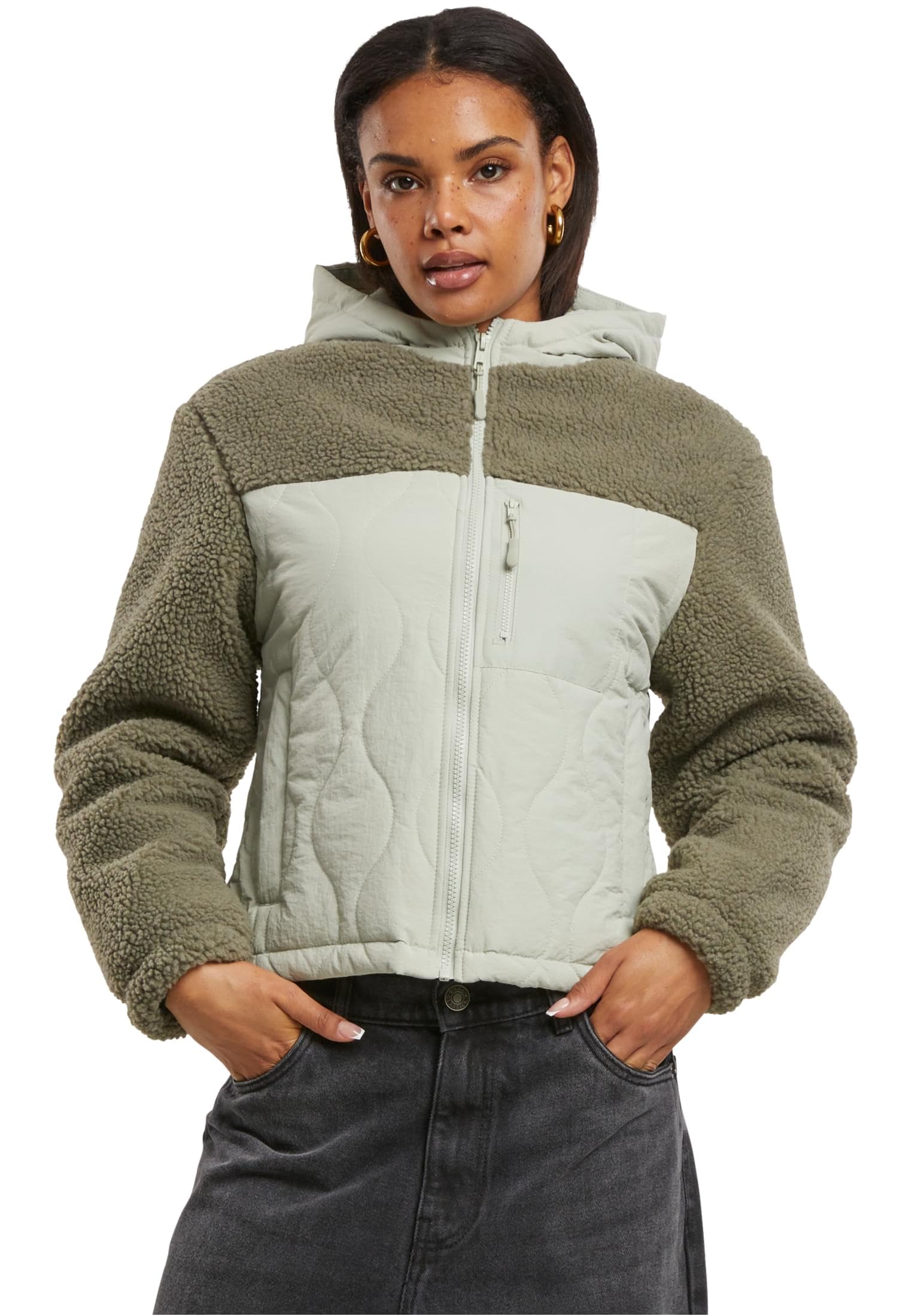 Urban Classics Women's Tb7071-ladies Sherpa Crinkle Nylon Mix Jacket Lightweight, Palegreen/Stone Green, S
