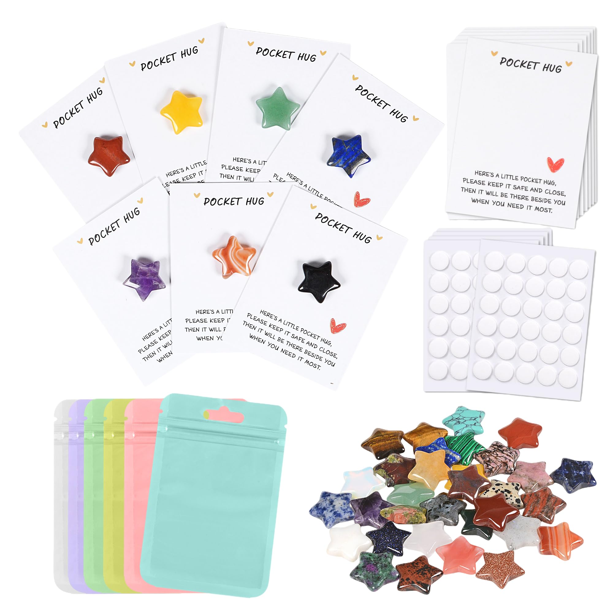 42 Sets Bulk Pocket Hug Little Star Worry Stones Token Gift Card for Friends Colleagues Family Distance Social Celebration of Life Gift