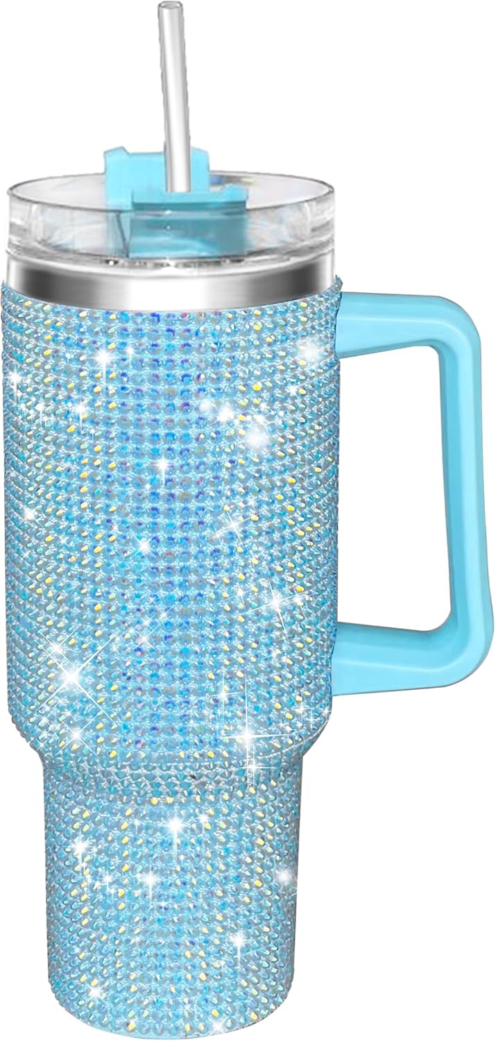 40oz Tumbler with Handle-Glitter Rhinestones Tumbler Bling Cups Stainless Steel Water Bottle Diamond Studded Tumbler for Women-Birthday Gifts for Women, Mom, Girlfriend (40 oz, Turquoise)