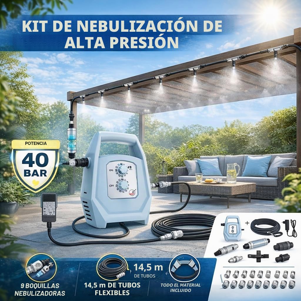 Jardibric – Kit de nebulización KPBRU20 – Brumizador – Bomba programable hasta 40 bares, 14,5 m, 7 boquillas antigoteo y filtro antical incluido – Refrescar eficazmente el aire