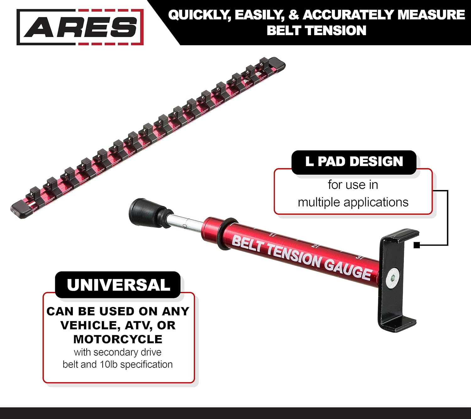 ARES 15033 - Belt Tension Gauge - Use After Belt Replacement, Adjustment or Wheel Service for Accurate Motorcycle Belt Tension Setting - Universal Design - 10 Lb Specification - Compatible with Harley