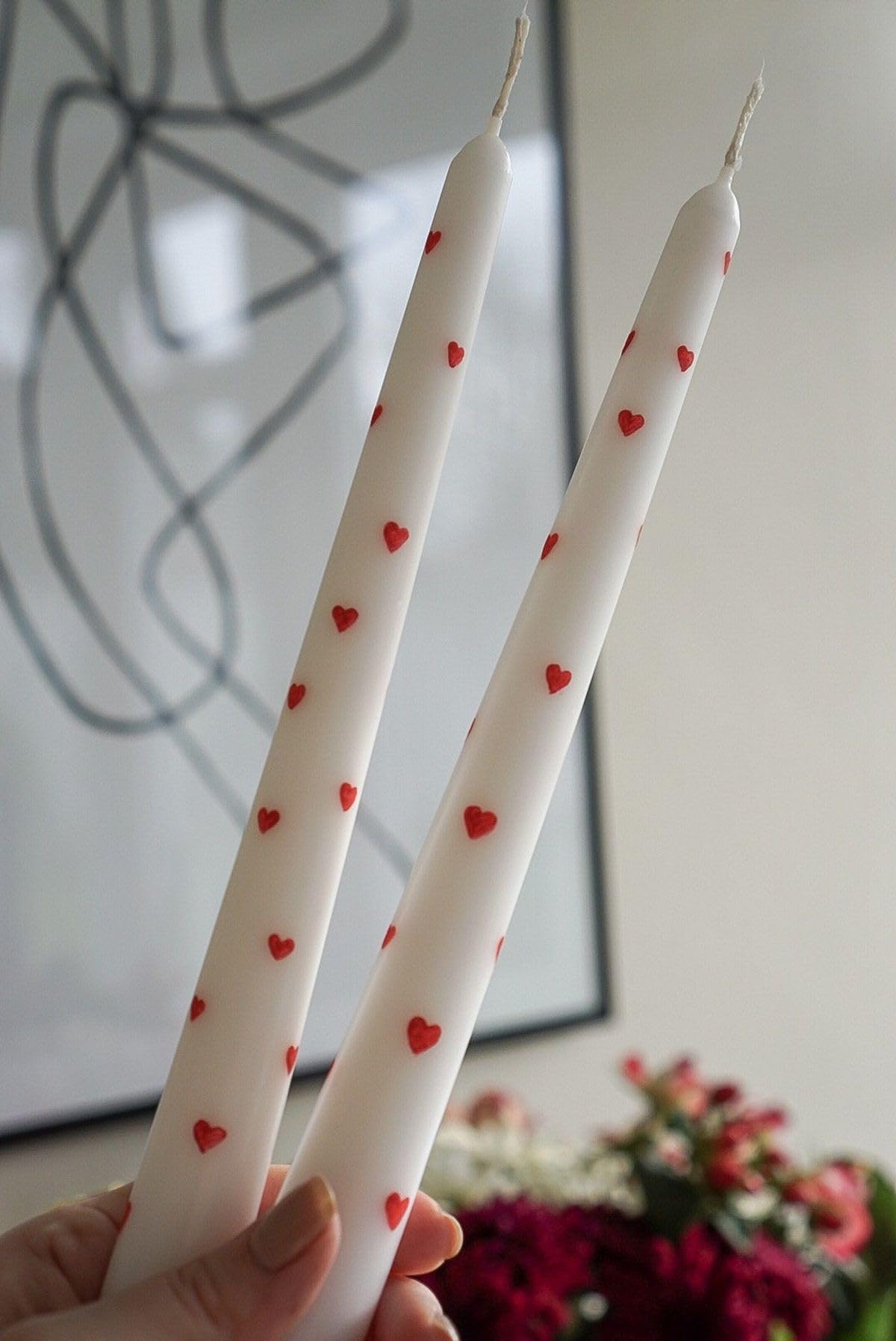 Romantic Hand-Painted Taper Candles, White and Red with Heart Motifs, Decorative Dinner Candles for Special Occasions, Celebrations, Holiday Decor-image-38