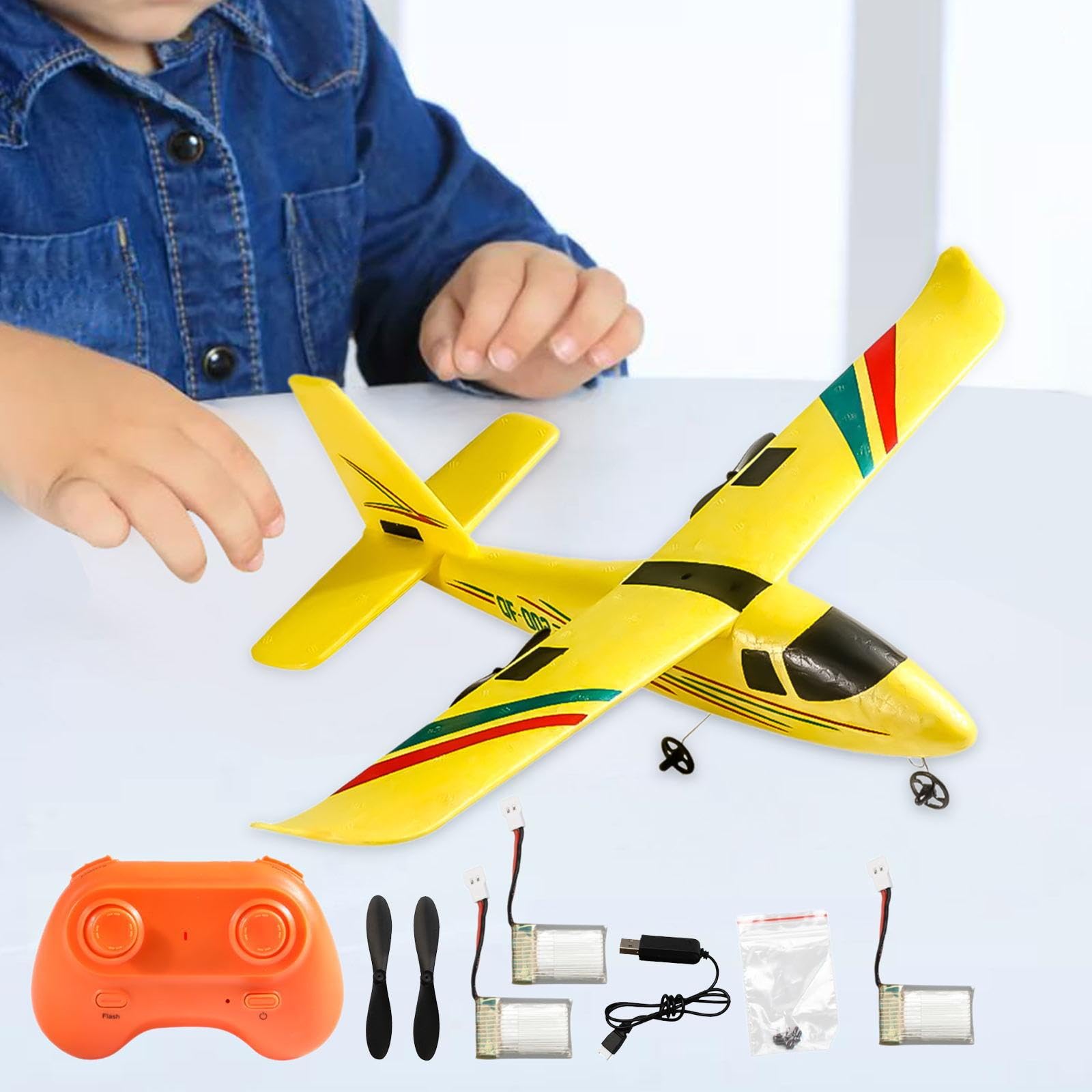 Aeroplano Radiocomandato, RC, Aereo Portatile per Esterni, Aereo RC a 2 Canali per Principianti, Ragazze, Ragazzi, Bambini E Adulti, 3 Batteria Gialla