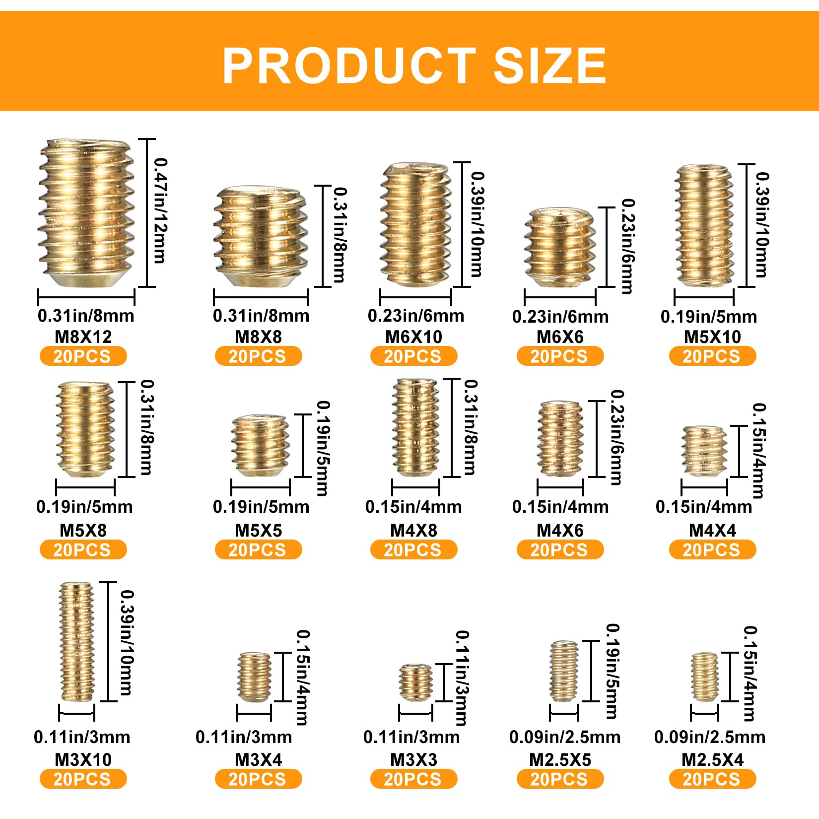 300 Pieces Grub Screws, Thread Inserts Screw Assortment Kit, M2.5/M3/M4/M5/M6/M8 Hexagon Screws Alloy Carbon Steel with Allen Wrenches - Gold - Image 2