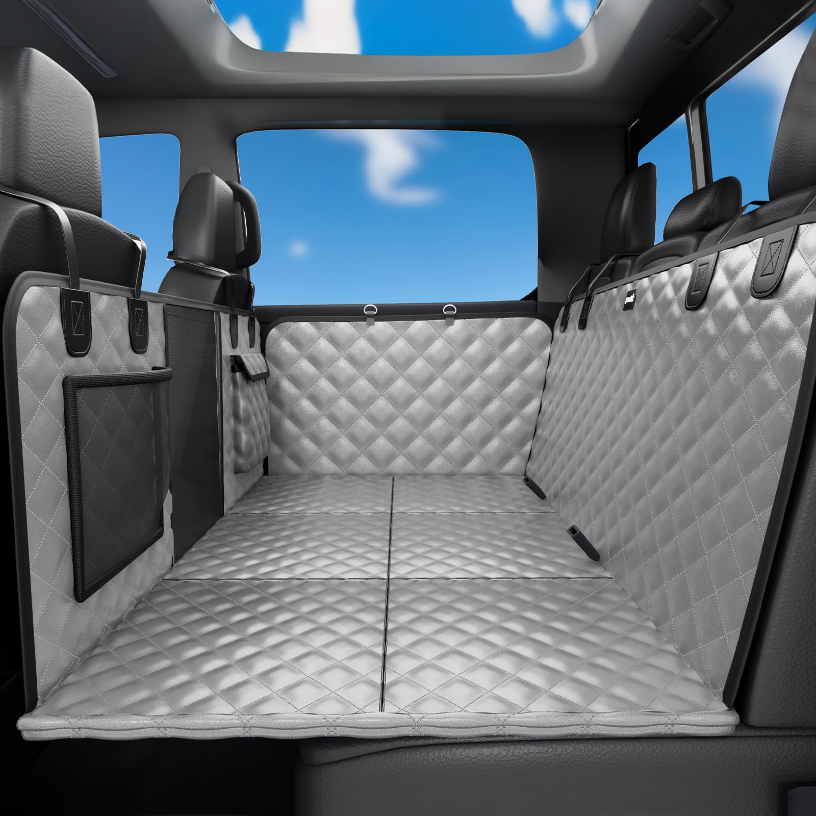 Pecute Coprisedile Cani per Grandi SUV/Camionetta con Fondo Duro 145x73 cm,2025 Aggiornato Materia, 3-in-1 Auto Telo & Estensore & Barrier, Impermeabile Antigraffio, Texture Divano, Fino a 150 kg