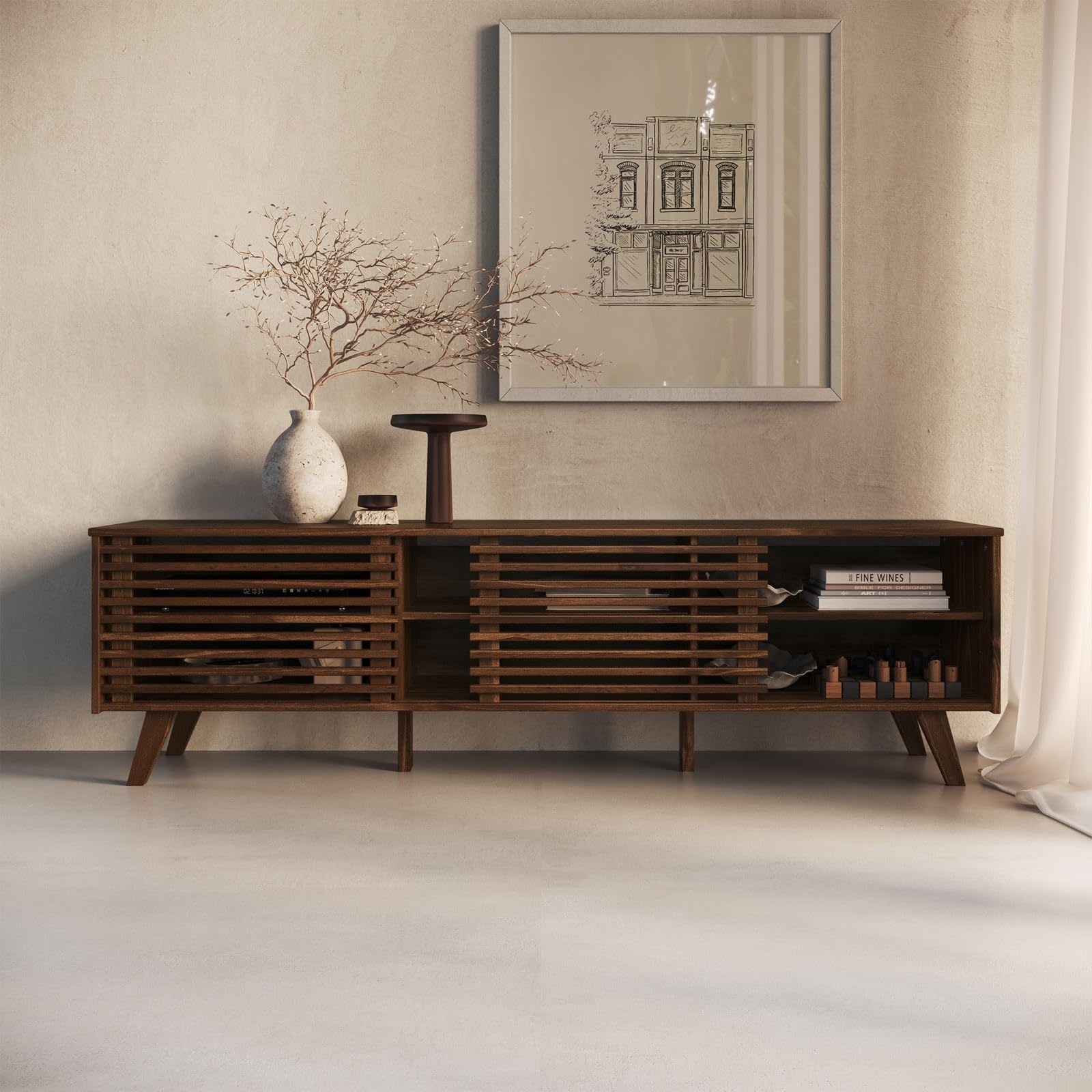 IDIMEX TV Lowboard RIAN mit 2 Schiebetüren für 75" TV Nussbaum Finish - TV Kommode aus massivem Kiefernholz, 3 verstellbare Einlegeböden, TV Sideboard