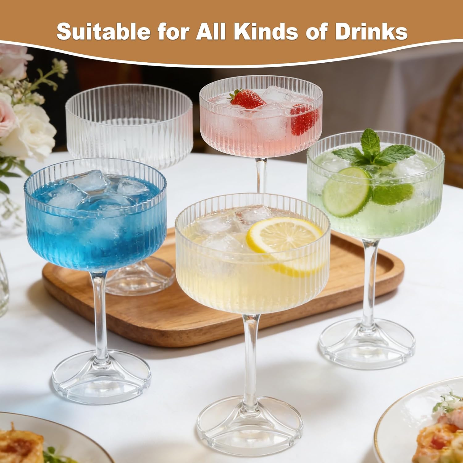 Plastic Coupe Glasses Set of 12, 10oz Ribbed Martini Glasses, Plastic Vintage Cocktail Cups for Espresso Martini, Margarita, Home Bar, Parties, Weddings & Gift